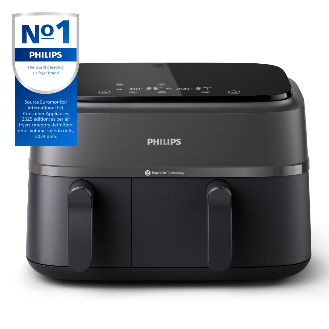 Philips Airfryer 3000 Series Dual Basket - 2 Drawer Air Fryer, 3L + 6L Capacity, RapidAir Plus Technology, 13 Ways to Cook, 90% Less Fat, Easy to Clean, Digital Touchscreen, Energy Saving (NA350/00)