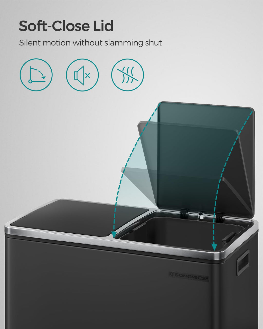 SONGMICS Dual Rubbish Bin, Metal Recycling Bin with 15 Rubbish Bags, 2-Compartment, with Lids, Pedals, Plastic Inner Buckets, Soft Closure, 2 x 8 Gallons (2 x 30 L), Black LTB60BK