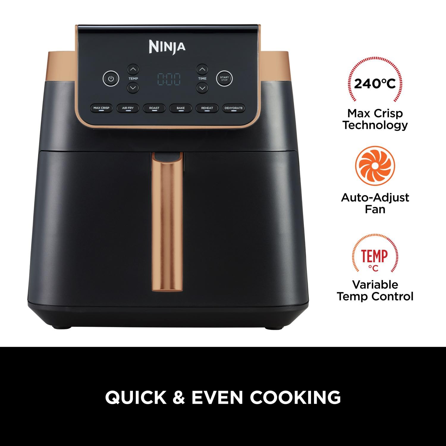 Ninja Air Fryer MAX PRO, 6.2L, Uses No Oil, Large Square Single Drawer, Roast, Bake, Air Fry, Family Size, Non-Stick, Dishwasher Safe Basket & Crisper Plate, Silicone Tongs, Black & Copper, AF180UKCP