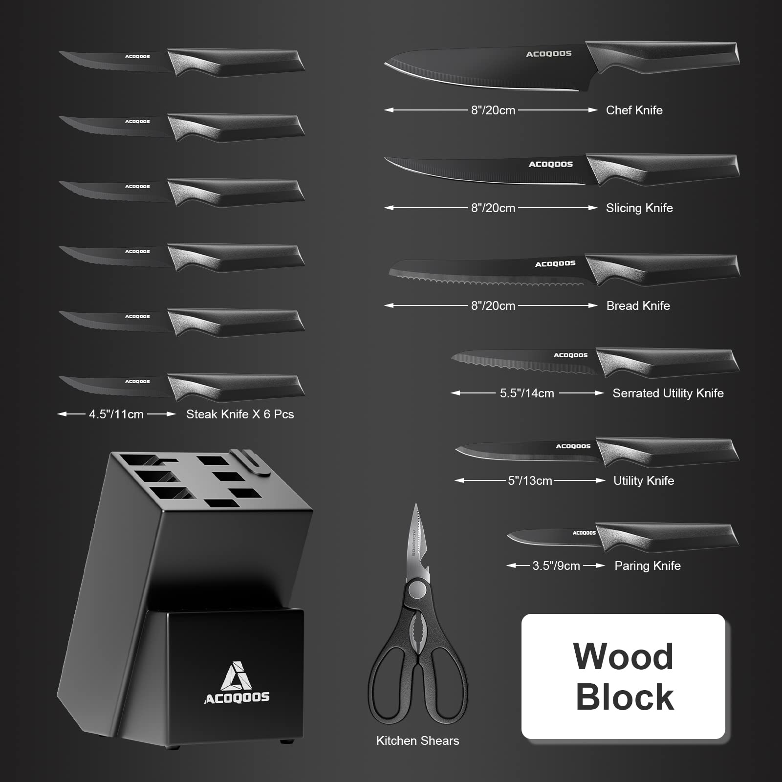 Knife Set with Block, 14 Piece with Built-in Sharpener, Kitchen Knives for Chopping, Slicing, Dicing Cutting by ACOQOOS