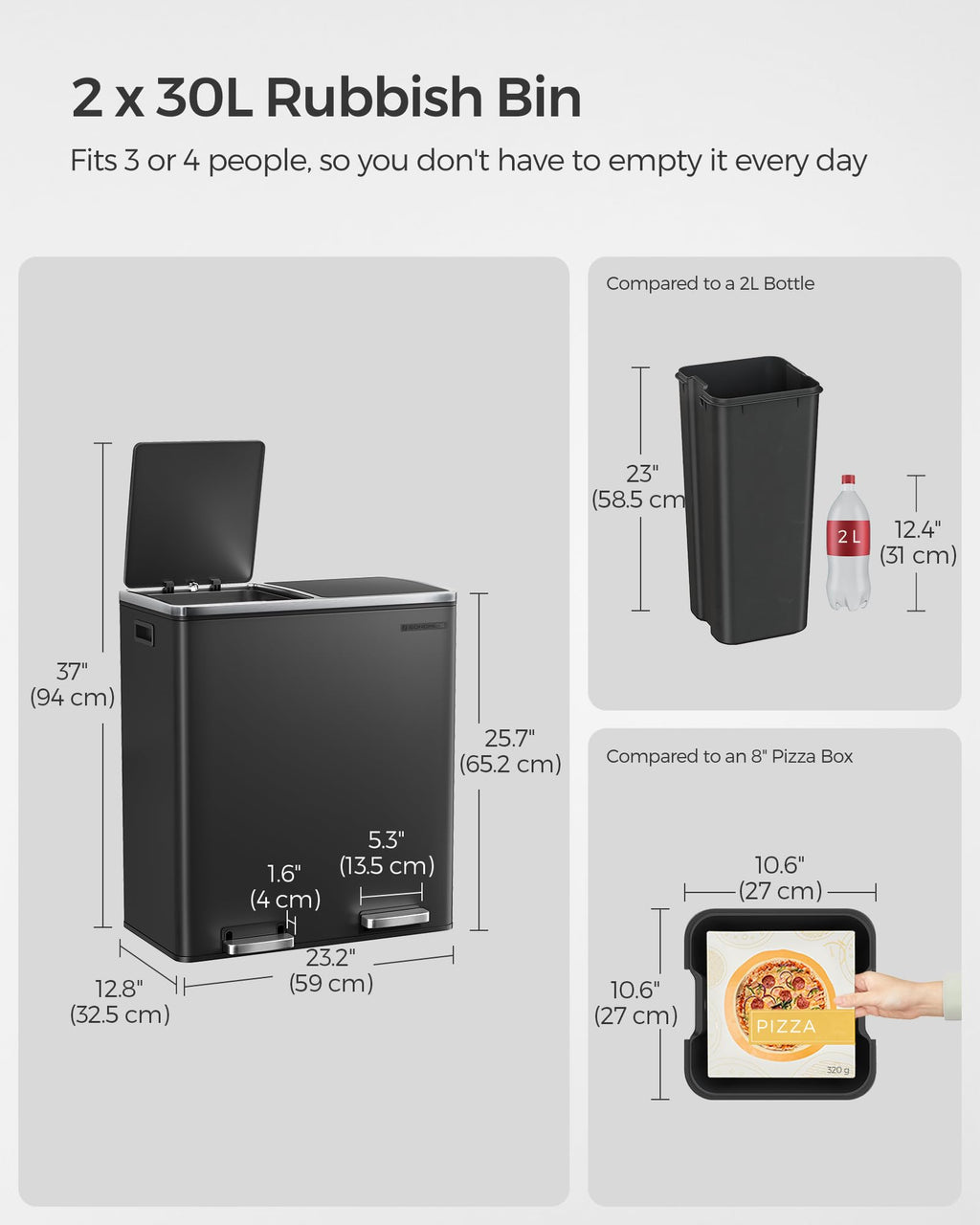 SONGMICS Dual Rubbish Bin, Metal Recycling Bin with 15 Rubbish Bags, 2-Compartment, with Lids, Pedals, Plastic Inner Buckets, Soft Closure, 2 x 8 Gallons (2 x 30 L), Black LTB60BK
