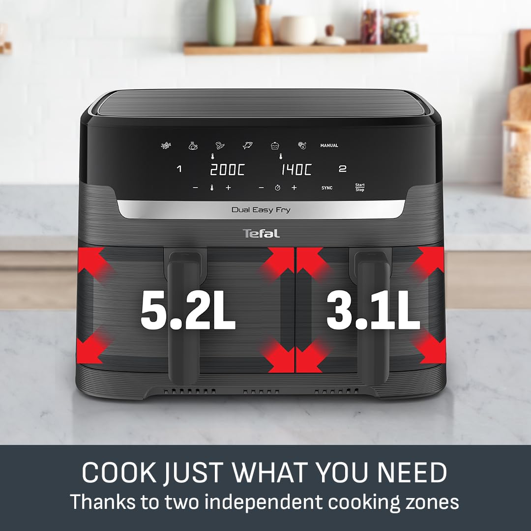 Tefal Easy Fry Dual Zone Digital Air Fryer, 2 Drawers, 8.3L, 8in1, Air Fry, Extra Crisp, Roast, Bake, Reheat, Dehydrate, 6 Portions, Non-Stick, Dishwasher Safe Baskets, Coal Grey - EY901HG0