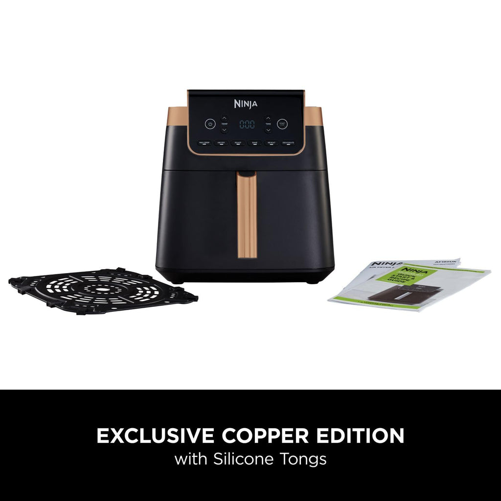 Ninja Air Fryer MAX PRO, 6.2L, Uses No Oil, Large Square Single Drawer, Roast, Bake, Air Fry, Family Size, Non-Stick, Dishwasher Safe Basket & Crisper Plate, Silicone Tongs, Black & Copper, AF180UKCP
