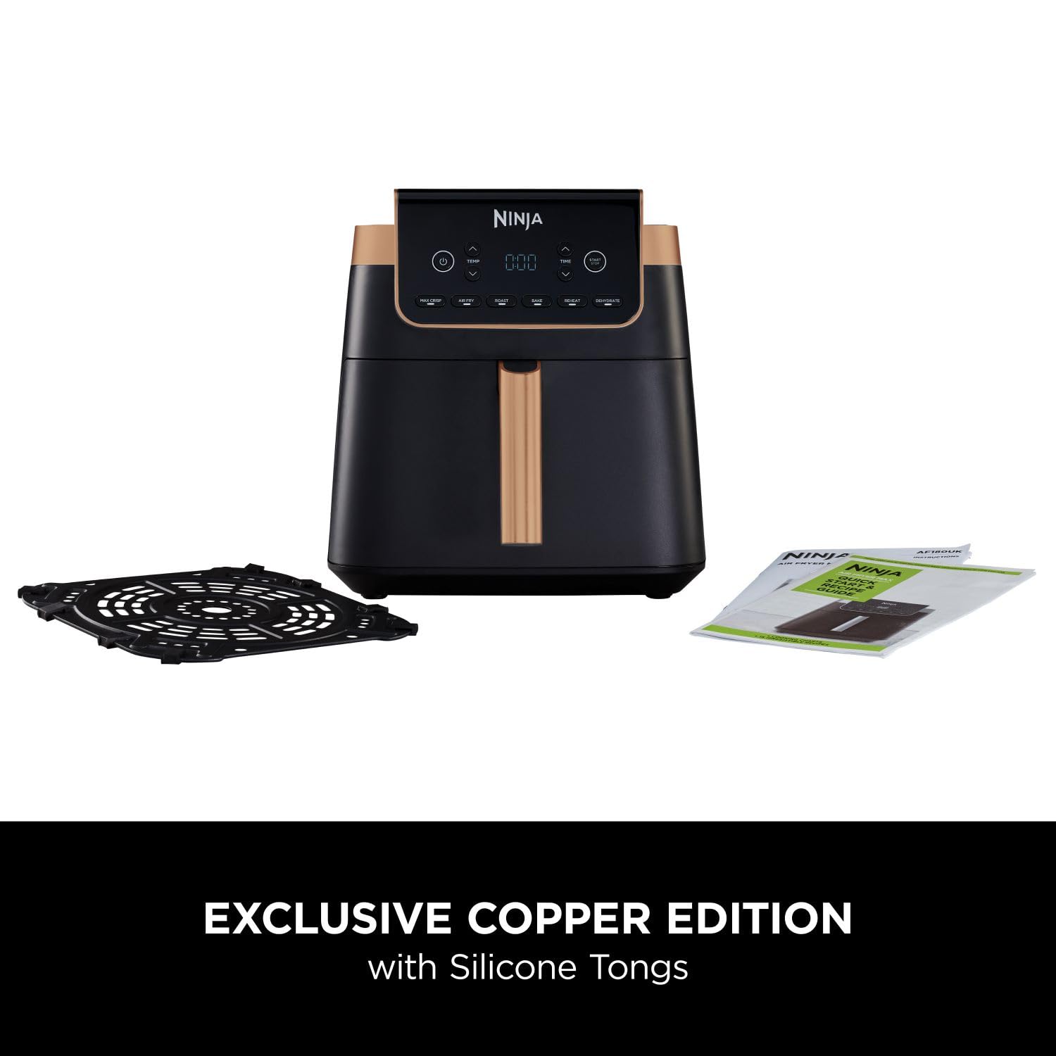 Ninja Air Fryer MAX PRO, 6.2L, Uses No Oil, Large Square Single Drawer, Roast, Bake, Air Fry, Family Size, Non-Stick, Dishwasher Safe Basket & Crisper Plate, Silicone Tongs, Black & Copper, AF180UKCP