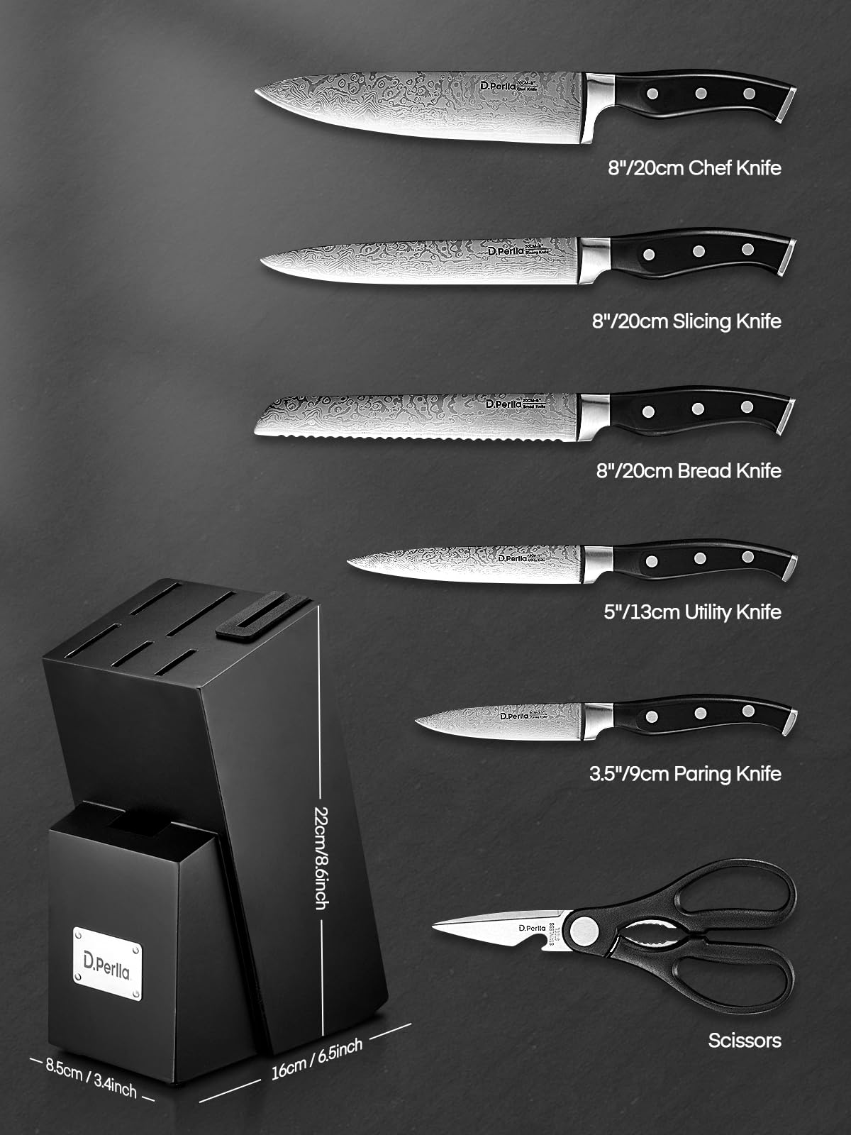 D.Perlla Knife Set, 7 Pieces Kitchen Knife Set with Self Sharpening Wooden Block, German Stainless Steel Knife Block Set with Triple Riveted Ergonomic Handle, Black