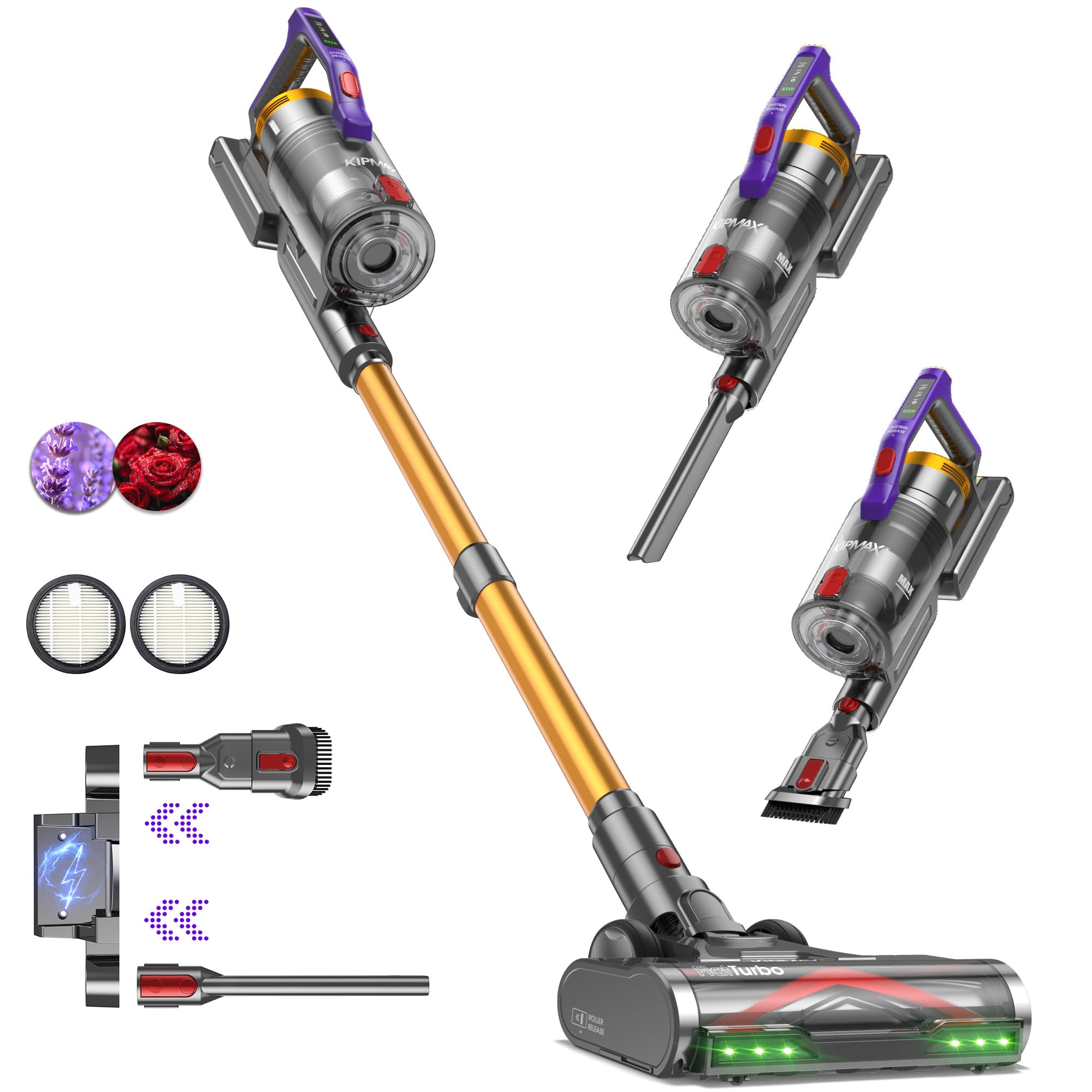 KIPMAX Cordless Vacuum Cleaner, 50KPa/70Mins/550W Stick Vacuum with Aromatherapy, Anti-Tangled handheld Vacuum Cleaner Self-Standing, Rechargeable Battery, LED Display for Pet Hair/Carpet/Floor