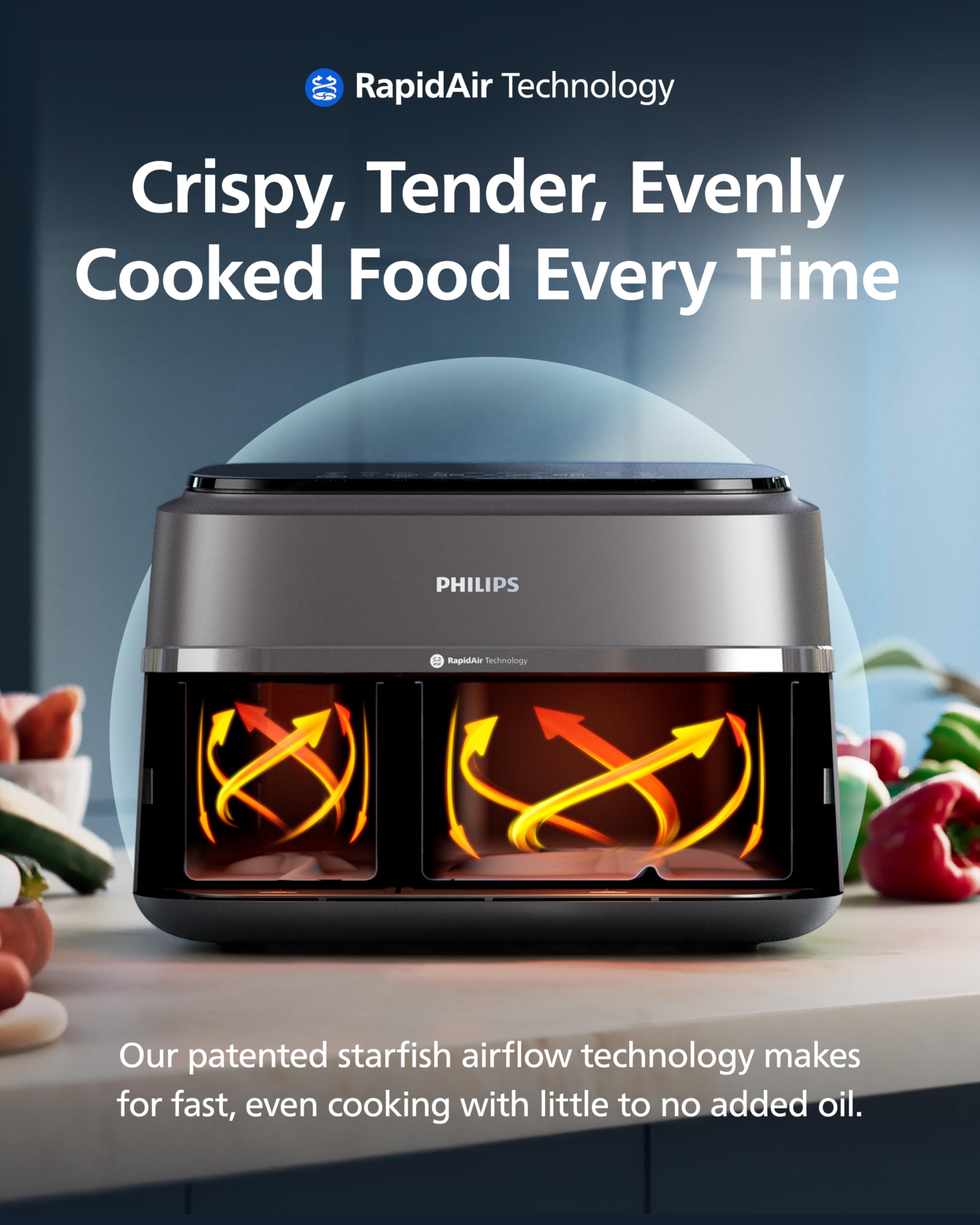 Philips Airfryer 3000 Series Dual Basket - 2 Drawer Air Fryer, 3L + 6L Capacity, RapidAir Plus Technology, 13 Ways to Cook, 90% Less Fat, Easy to Clean, Digital Touchscreen, Energy Saving (NA350/00)