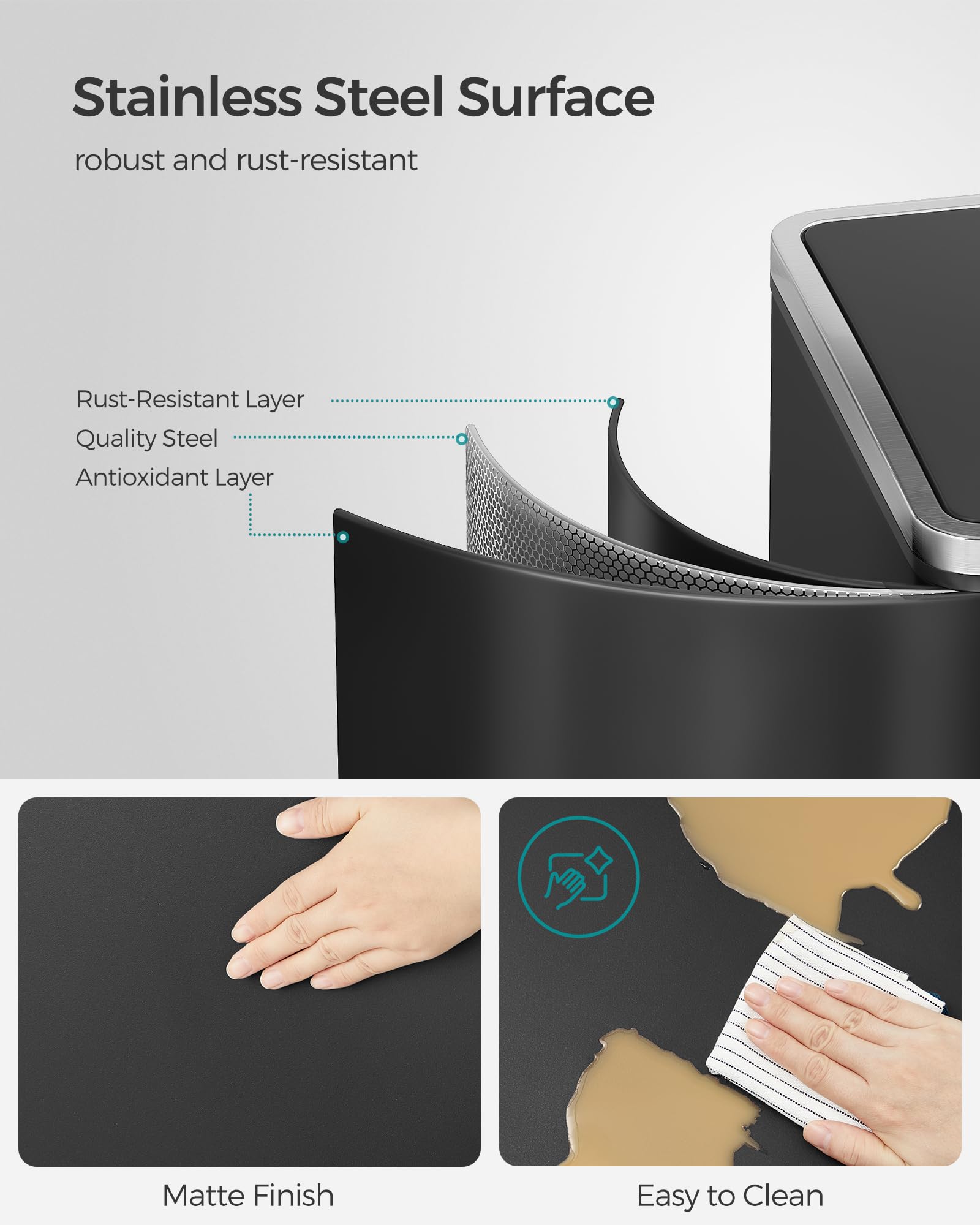 SONGMICS Dual Rubbish Bin, Metal Recycling Bin with 15 Rubbish Bags, 2-Compartment, with Lids, Pedals, Plastic Inner Buckets, Soft Closure, 2 x 8 Gallons (2 x 30 L), Black LTB60BK