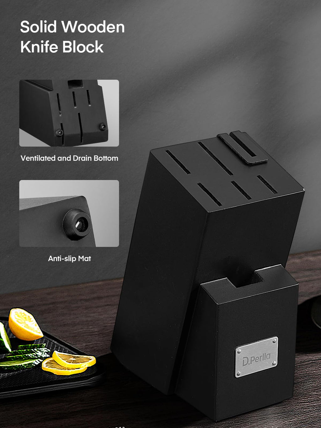 D.Perlla Knife Set, 7 Pieces Kitchen Knife Set with Self Sharpening Wooden Block, German Stainless Steel Knife Block Set with Triple Riveted Ergonomic Handle, Black