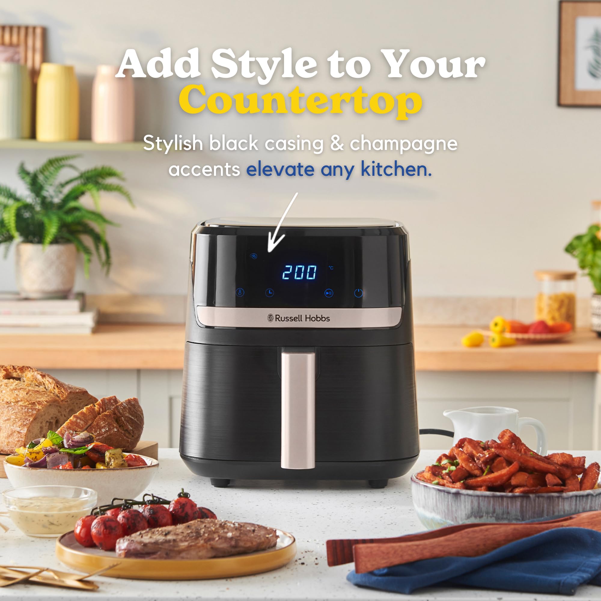 Russell Hobbs Air Fryer, Digital, 4.3L Capacity, 9 in 1, Air Fry, Bake, Roast, Grill, Keep Warm, 40-200℃ Temp Range, Oil Free Cooking, Dishwasher Safe Attachments, 1300W
