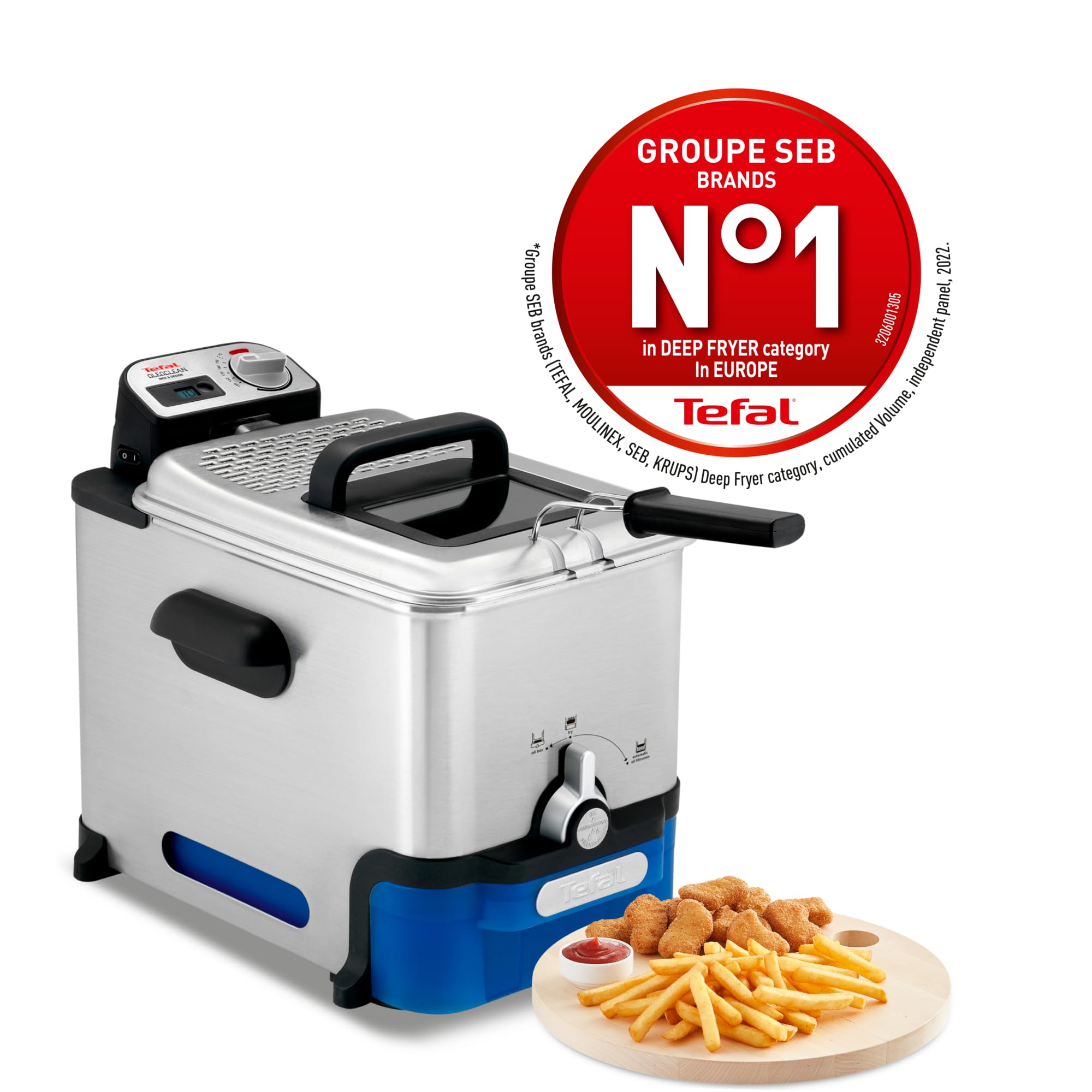 Tefal Oleoclean Pro, 3.5L Oil Capacity, Patented Filtration System, Easy to Clean, 1.2 kg of Food, 6 Portions, 2300W, Stainless Steel with Removable Blue Oil Box - FR804040