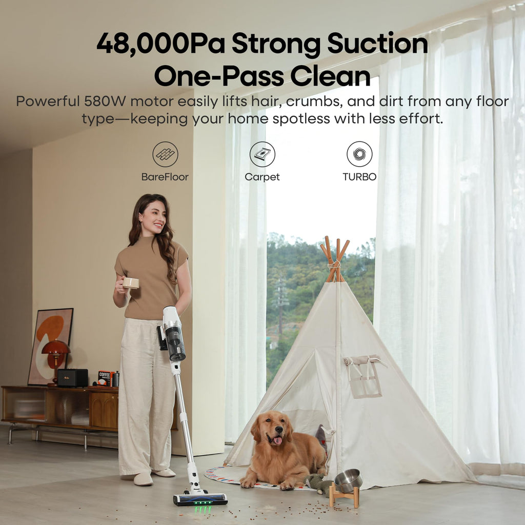 ElecKeys Cordless Vacuum Cleaner 580W, 48KPa High Suction Hoover, up to 65 Mins Runtime, LED Screen, Rechargeable Vacuum Cleaner for Home, Floors, Carpets & Pet Hair