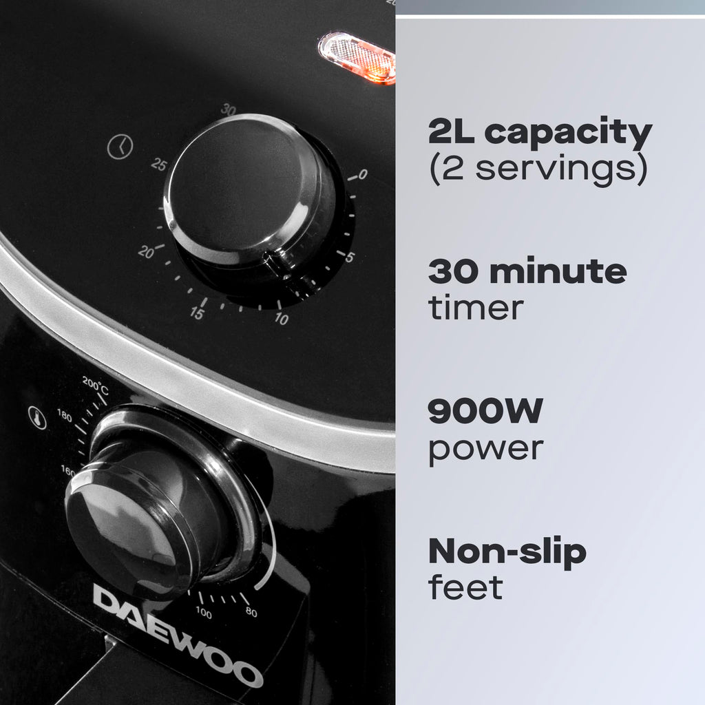 Daewoo 2L Compact Manual Air Fryer – Space-Saving Mini Air Fryer with 80-200°C Temperature Control, 30-Minute Timer, Energy Efficient, Oil-Free Cooking, Healthy Frying for Small Households