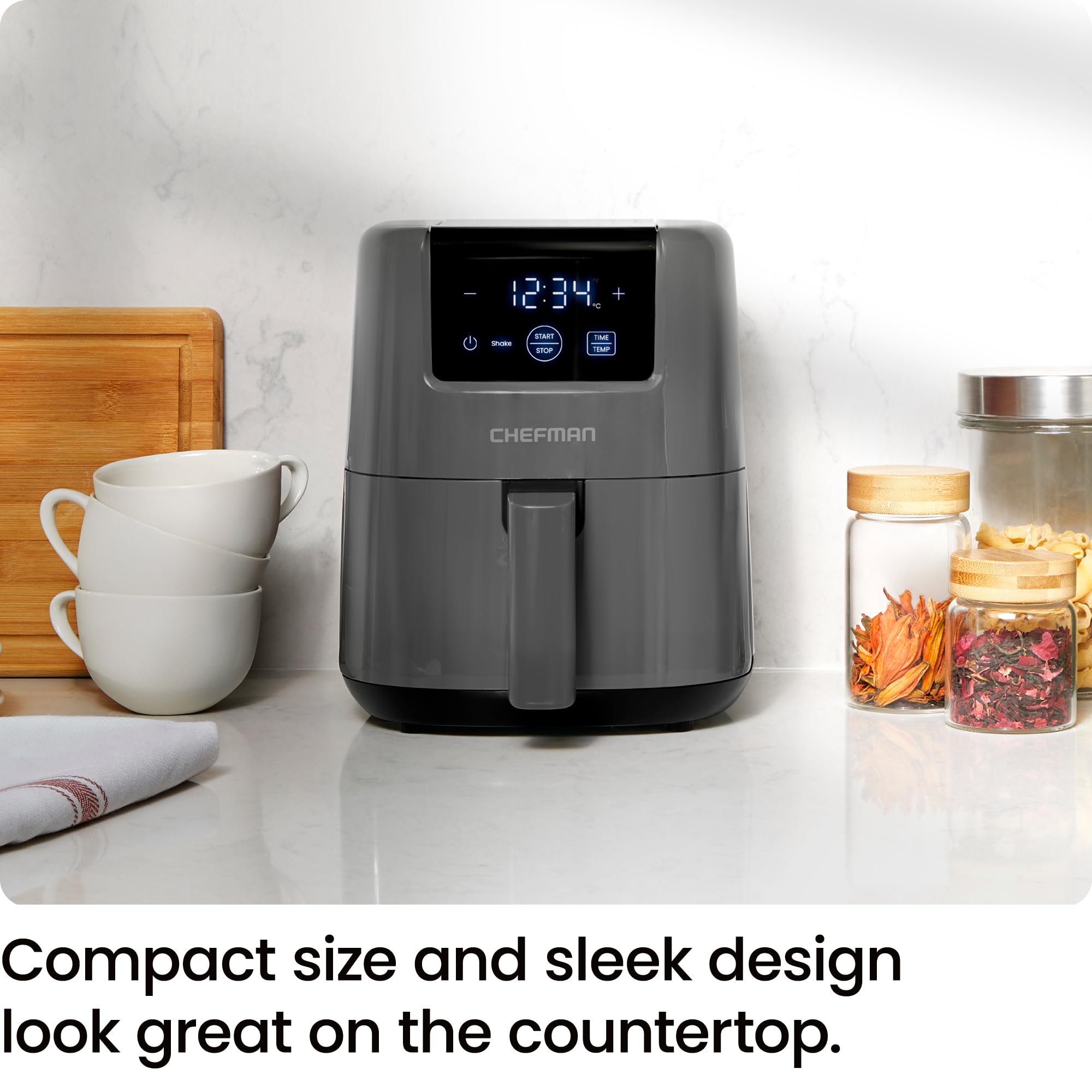 Chefman 2L Mini Air Fryer – Digital Space-Saving Compact Air Fryer with Nonstick and Dishwasher Safe Basket, Quick & Easy Meals in Minutes, Features Digital Timer and Shake Reminder – Grey