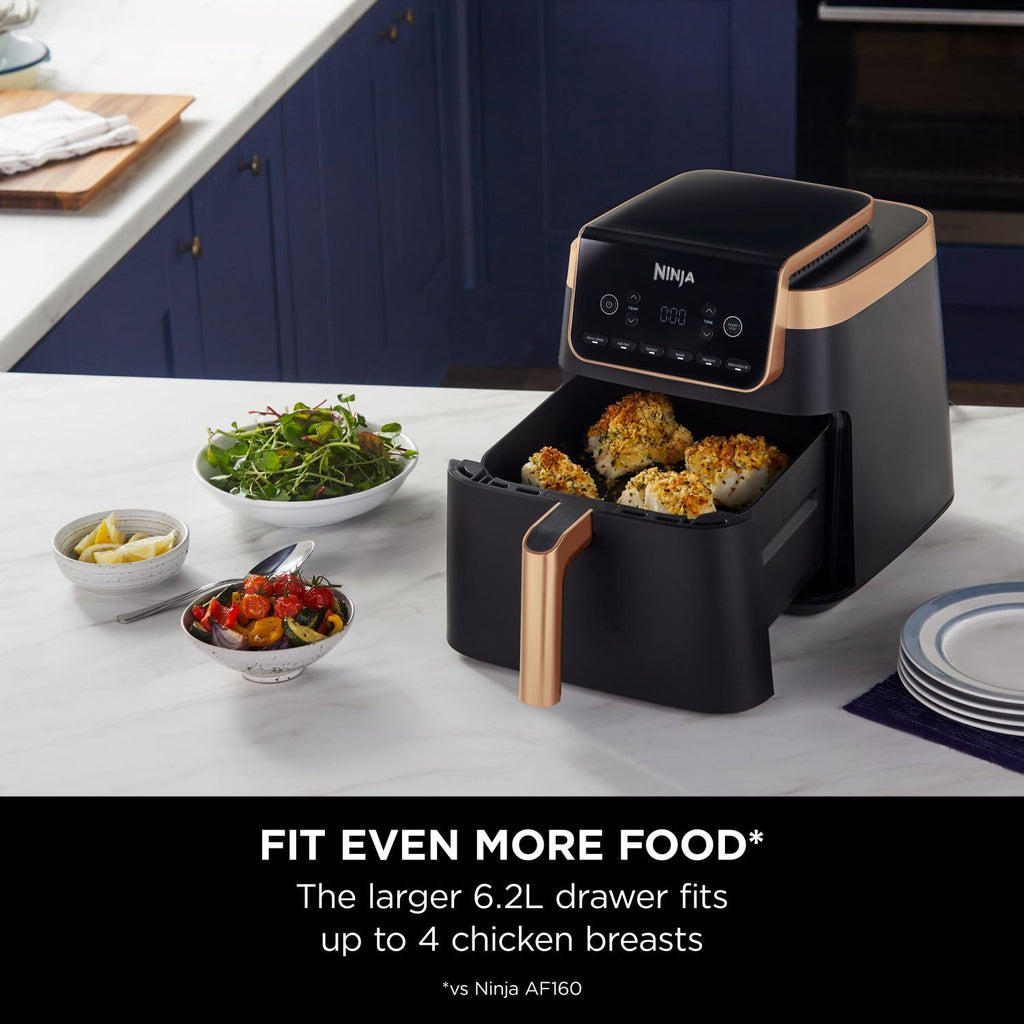 Ninja Air Fryer MAX PRO, 6.2L, Uses No Oil, Large Square Single Drawer, Roast, Bake, Air Fry, Family Size, Non-Stick, Dishwasher Safe Basket & Crisper Plate, Silicone Tongs, Black & Copper, AF180UKCP
