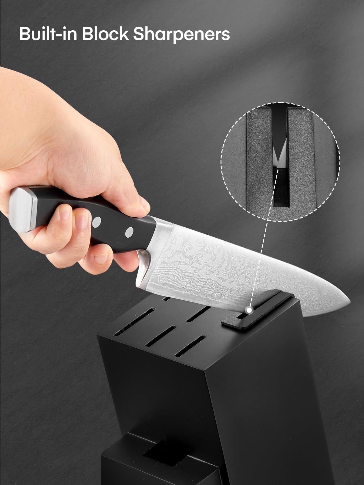 D.Perlla Knife Set, 7 Pieces Kitchen Knife Set with Self Sharpening Wooden Block, German Stainless Steel Knife Block Set with Triple Riveted Ergonomic Handle, Black