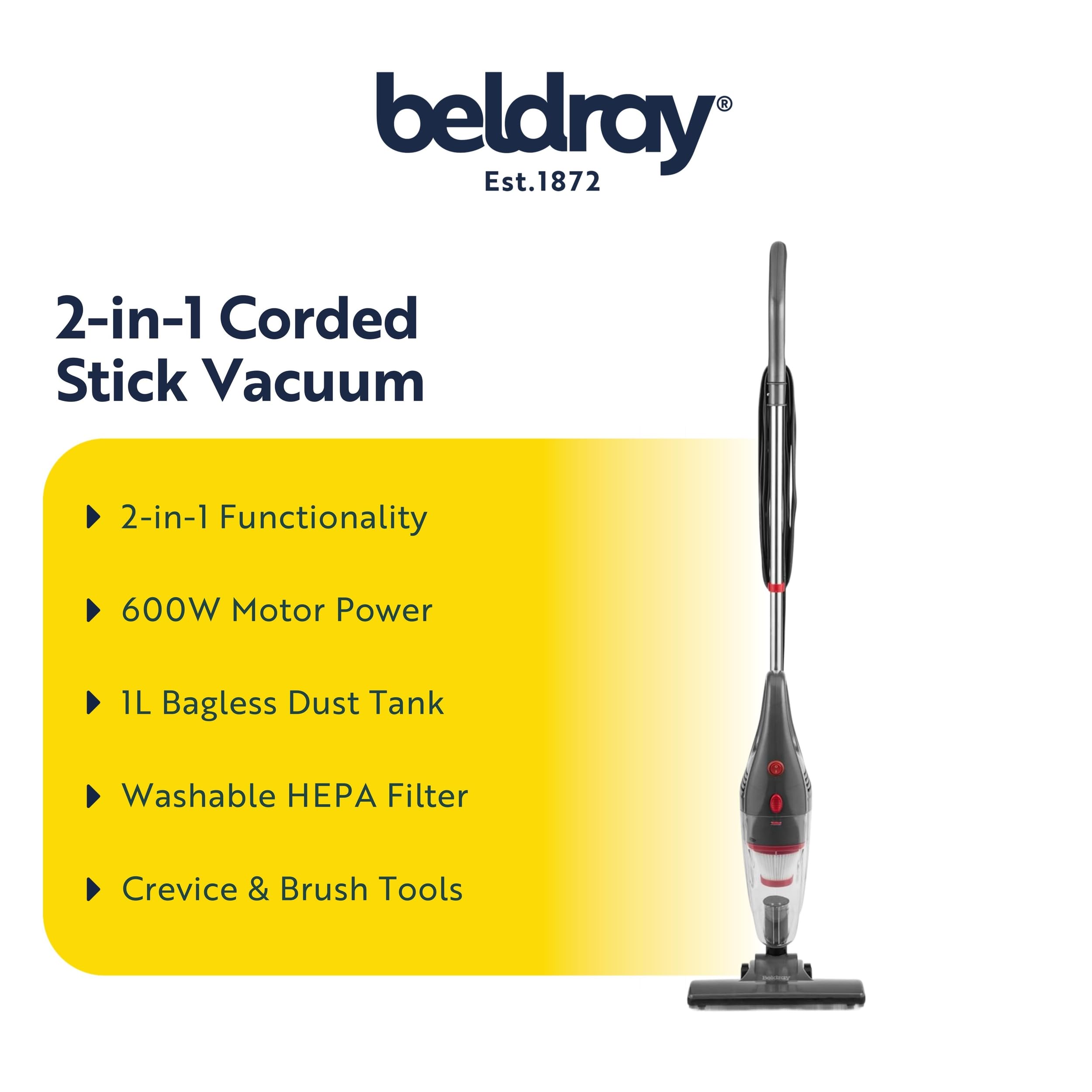 Beldray 2 in 1 Upright Vacuum Cleaner, Corded Handheld Vacuum Cleaner, Lightweight, Bagless, with 1L Dust Tank, HEPA Filter, 600W, Crevice and Brush Tools, Stairs, Upholstery and Car