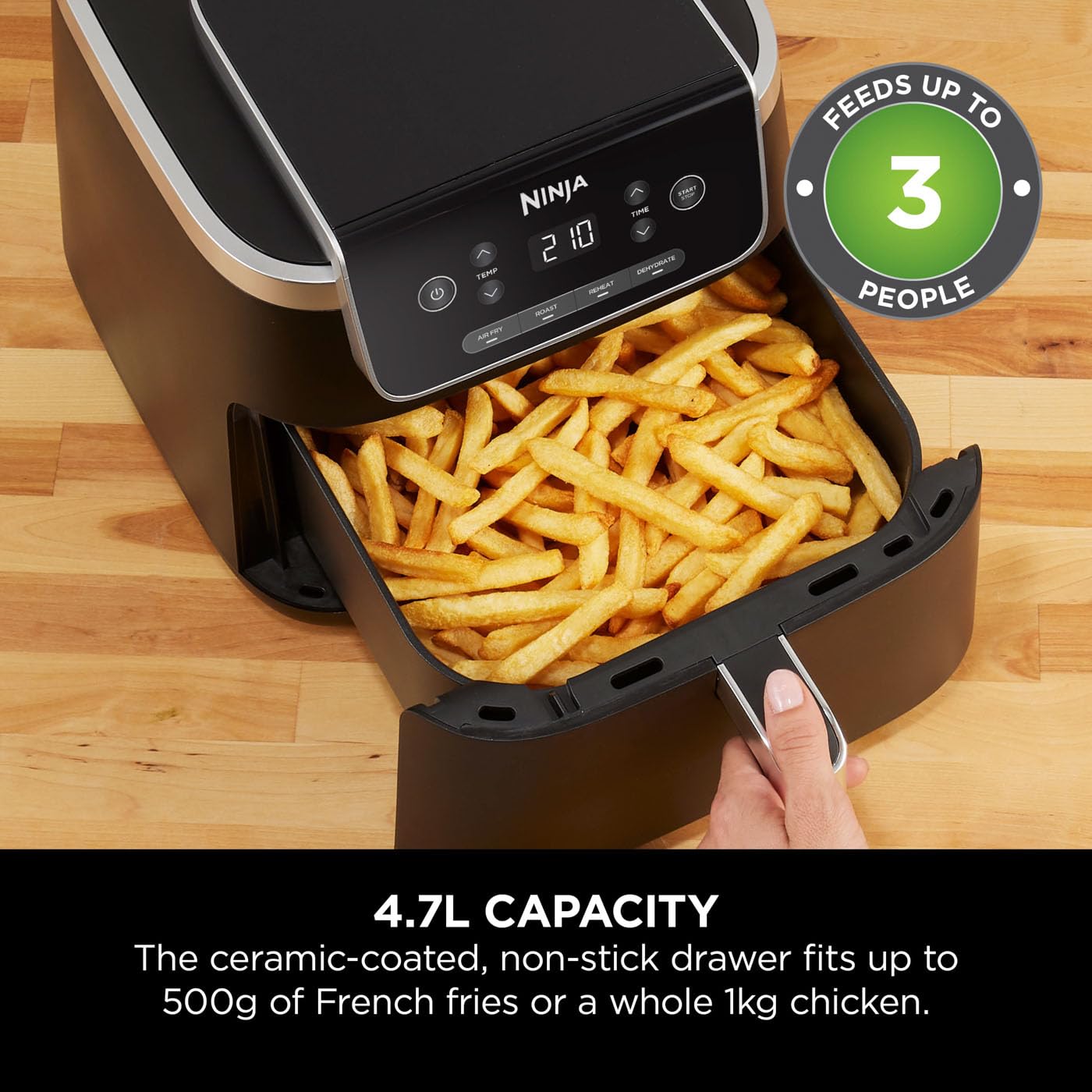 Ninja Air Fryer PRO 4.7L, Single Drawer, 4-in-1, Air Fry, Roast, Reheat, Dehydrate, Cooks 1-2 Portions, Digital, Cook From Frozen, Non-Stick Drawer & Crisper Basket, 1750W , Black AF140UK