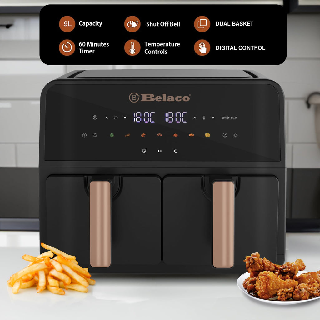 Belaco Air Fryer, 9L Dual Zone, Digital Display, Rapid Air Circulation, Air Fryers, 60 Min Timer, Adjustable Temperature, Dishwasher Safe Basket BEL-AF-03 Smart Finish