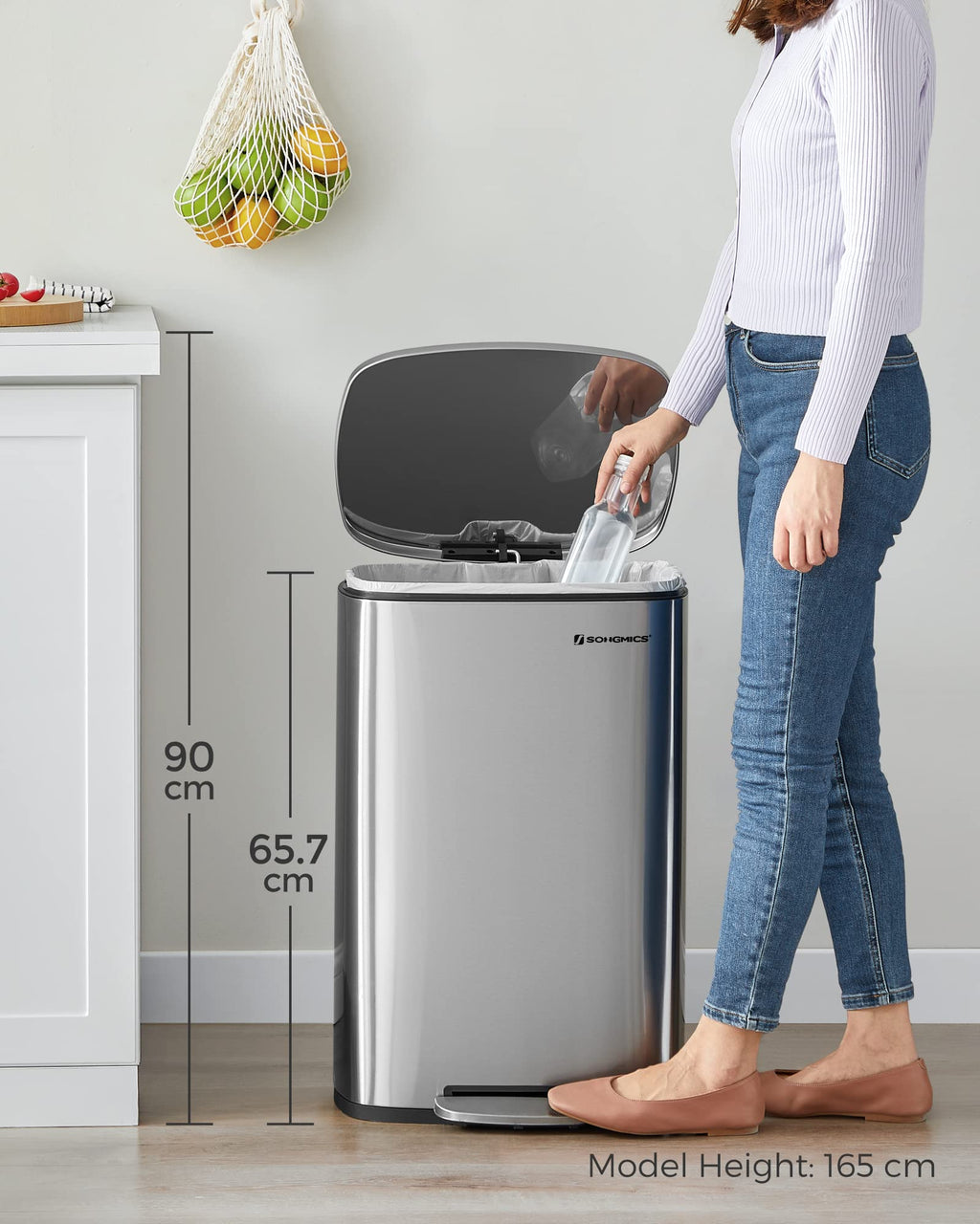 SONGMICS Kitchen Bin 13 Gallon (50 L), Pedal Rubbish Bin, Soft Close, Step-On Pedal, Steel, Inner Bucket, Silver LTB050E01