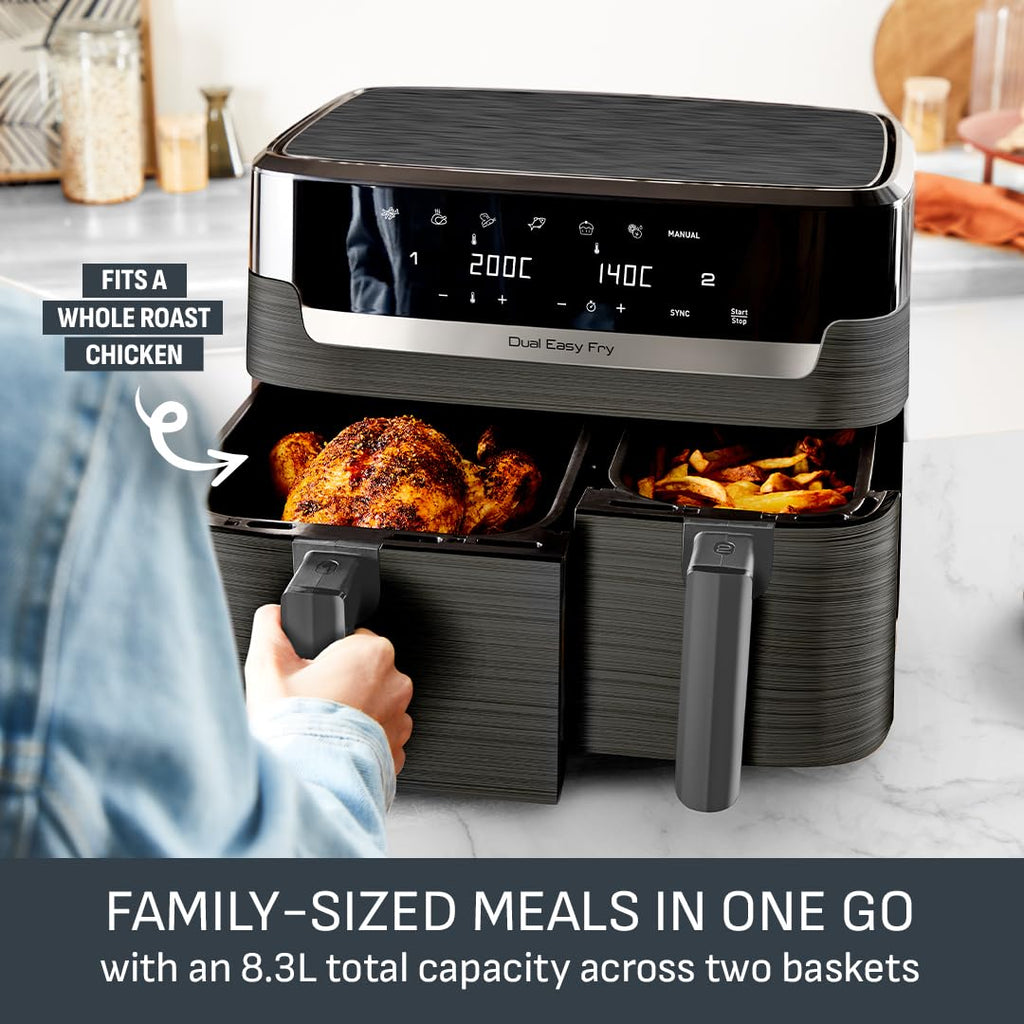 Tefal Easy Fry Dual Zone Digital Air Fryer, 2 Drawers, 8.3L, 8in1, Air Fry, Extra Crisp, Roast, Bake, Reheat, Dehydrate, 6 Portions, Non-Stick, Dishwasher Safe Baskets, Coal Grey - EY901HG0