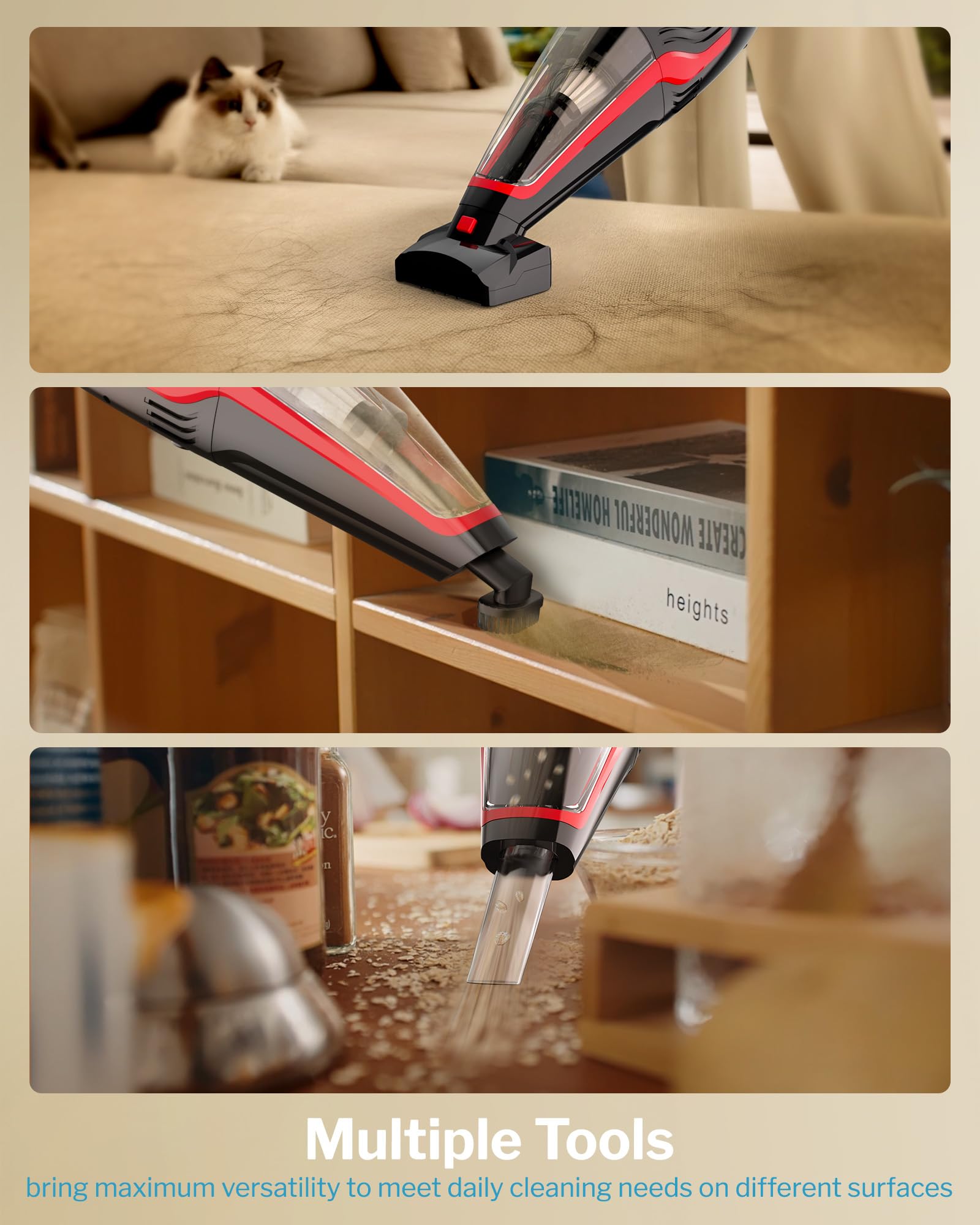 Powools Pet Hair Handheld Vacuum, Car Vacuum Cleaner Cordless Rechargeable, Hand Vacuum with Reusable Filter and Motorized Brush for Carpet, Couch & Stairs, Red, 16.0" X 5.0" X 6.6"