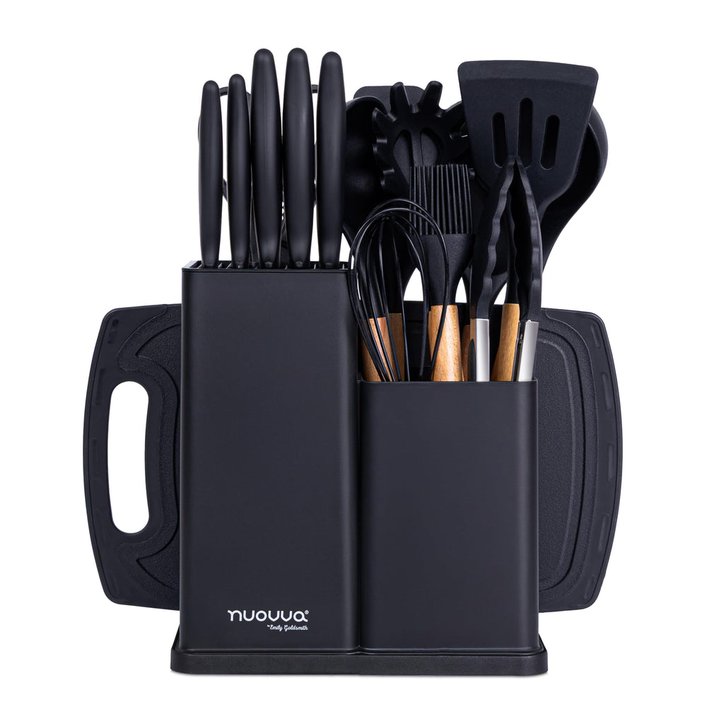Cooking Utensils Set with Chopping Board – Knife Set with Block – Heat Resistant Silicone Utensils with Wooden Handle, Spoons, Ladles & Spatula – Kitchen Tools & Accessories – 17pcs, Black – by Nuovva