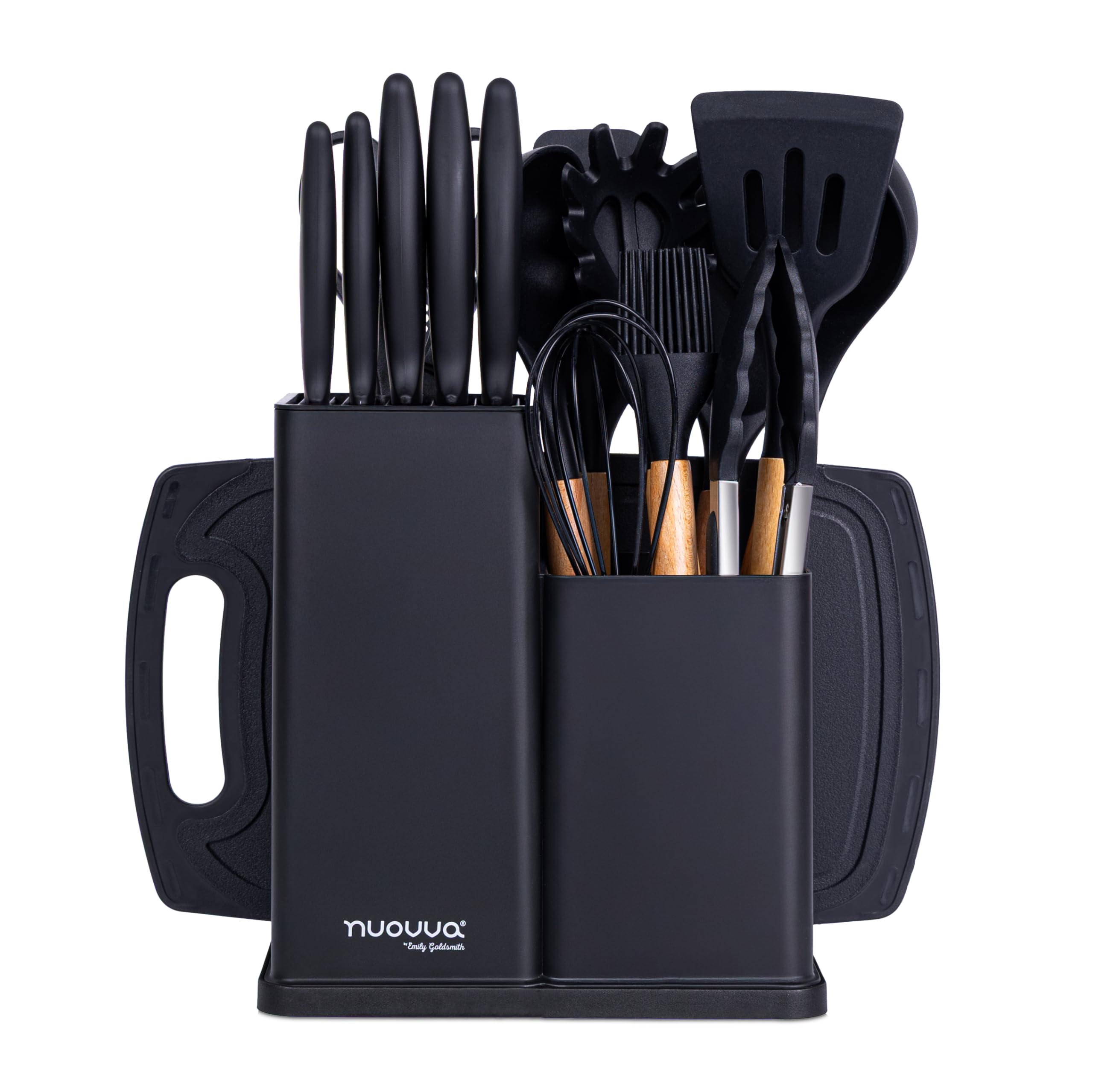 Cooking Utensils Set with Chopping Board – Knife Set with Block – Heat Resistant Silicone Utensils with Wooden Handle, Spoons, Ladles & Spatula – Kitchen Tools & Accessories – 17pcs, Black – by Nuovva