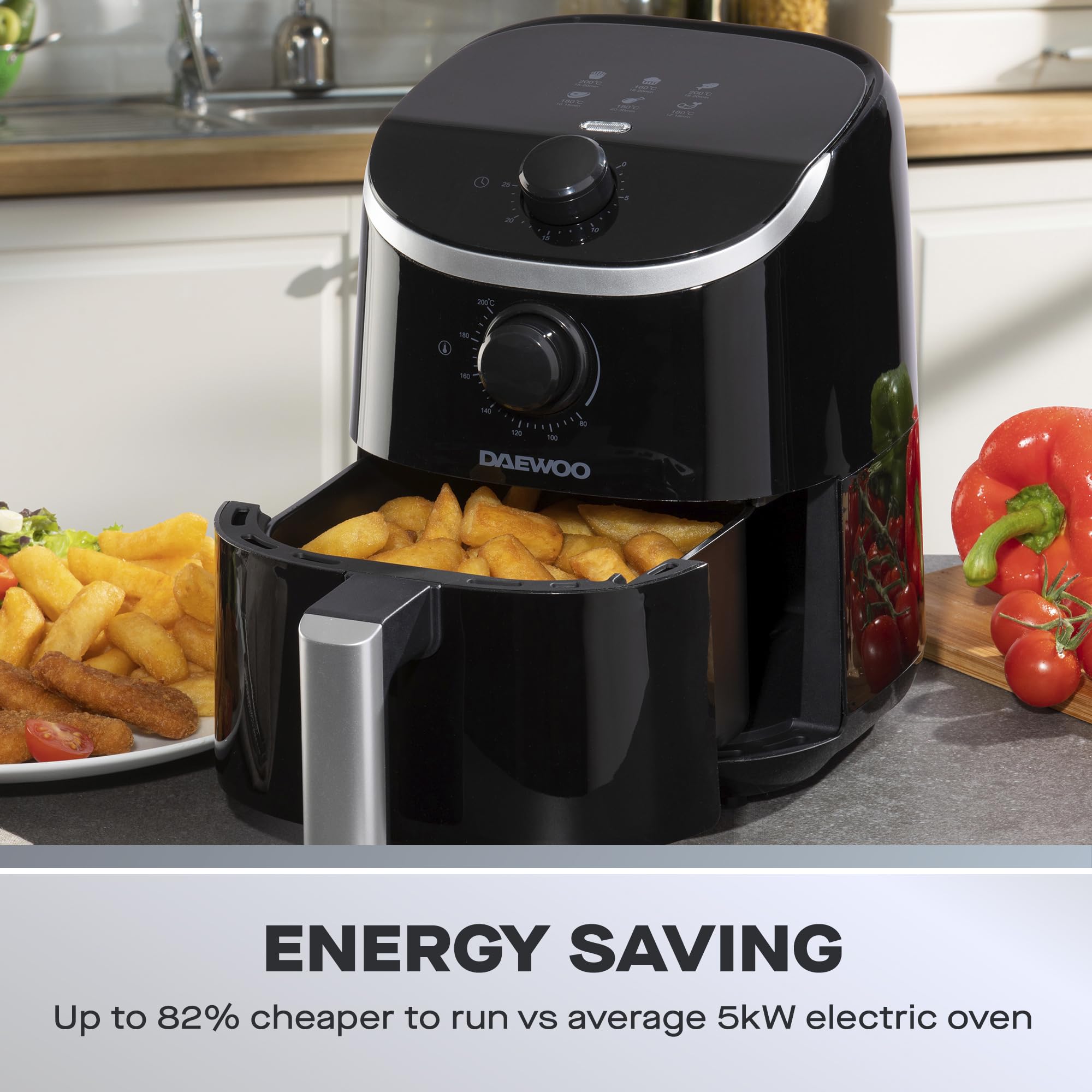 Daewoo 2L Compact Manual Air Fryer – Space-Saving Mini Air Fryer with 80-200°C Temperature Control, 30-Minute Timer, Energy Efficient, Oil-Free Cooking, Healthy Frying for Small Households