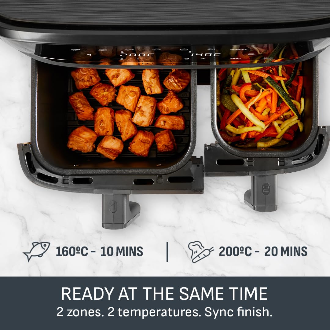 Tefal Easy Fry Dual Zone Digital Air Fryer, 2 Drawers, 8.3L, 8in1, Air Fry, Extra Crisp, Roast, Bake, Reheat, Dehydrate, 6 Portions, Non-Stick, Dishwasher Safe Baskets, Coal Grey - EY901HG0