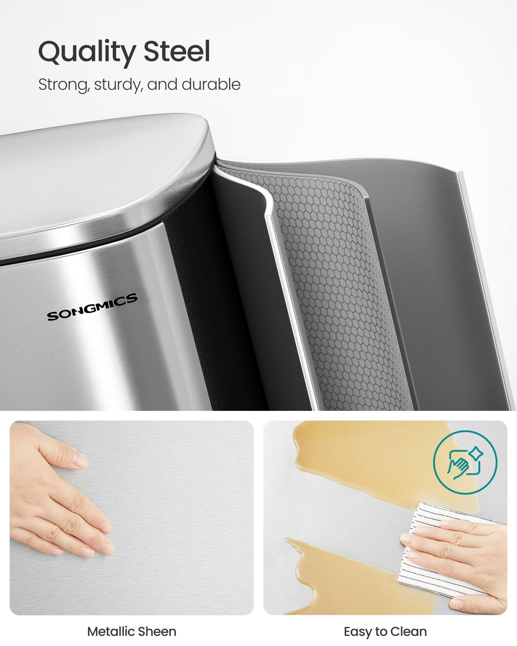 SONGMICS Kitchen Bin 13 Gallon (50 L), Pedal Rubbish Bin, Soft Close, Step-On Pedal, Steel, Inner Bucket, Silver LTB050E01