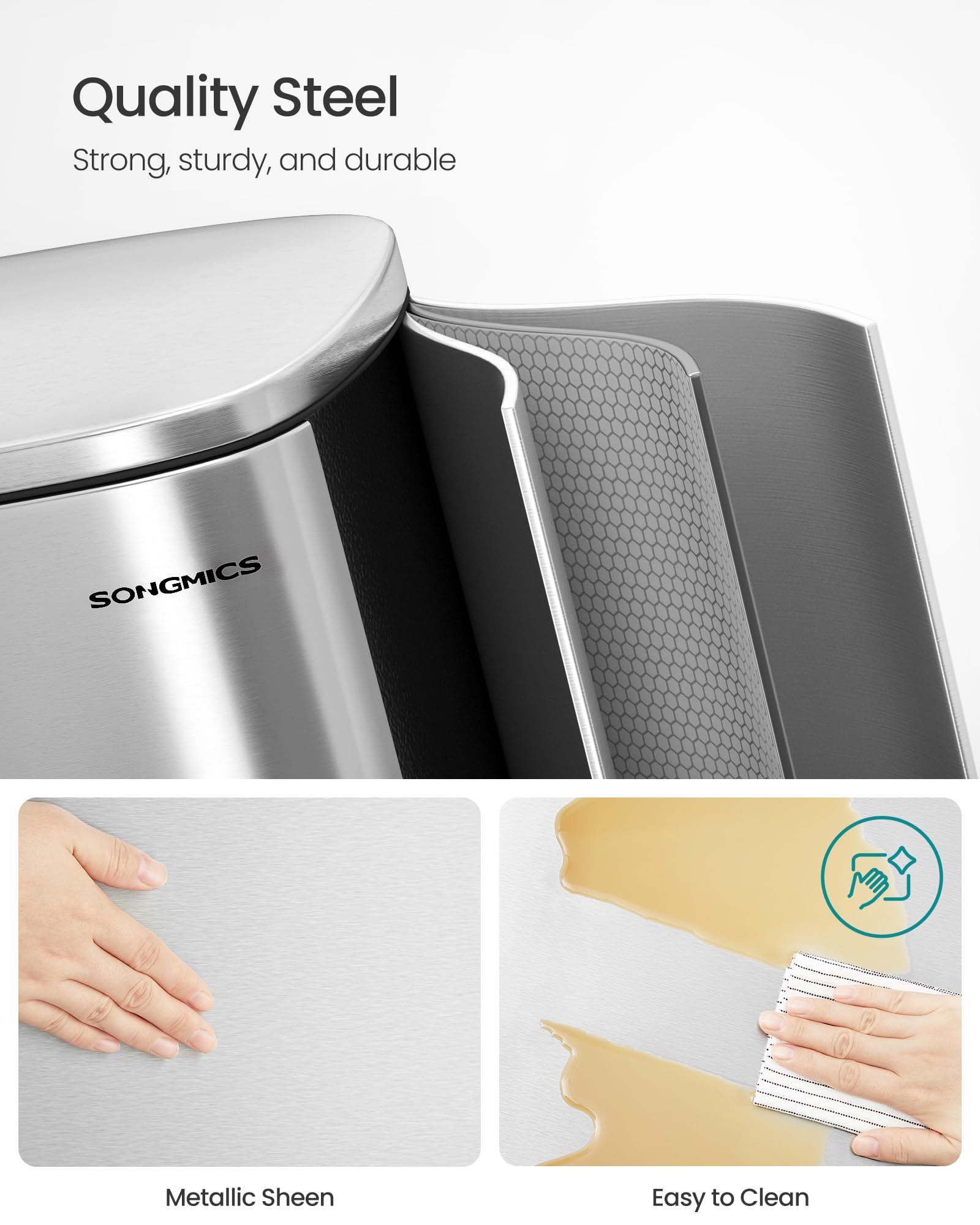 SONGMICS Kitchen Bin 13 Gallon (50 L), Pedal Rubbish Bin, Soft Close, Step-On Pedal, Steel, Inner Bucket, Silver LTB050E01