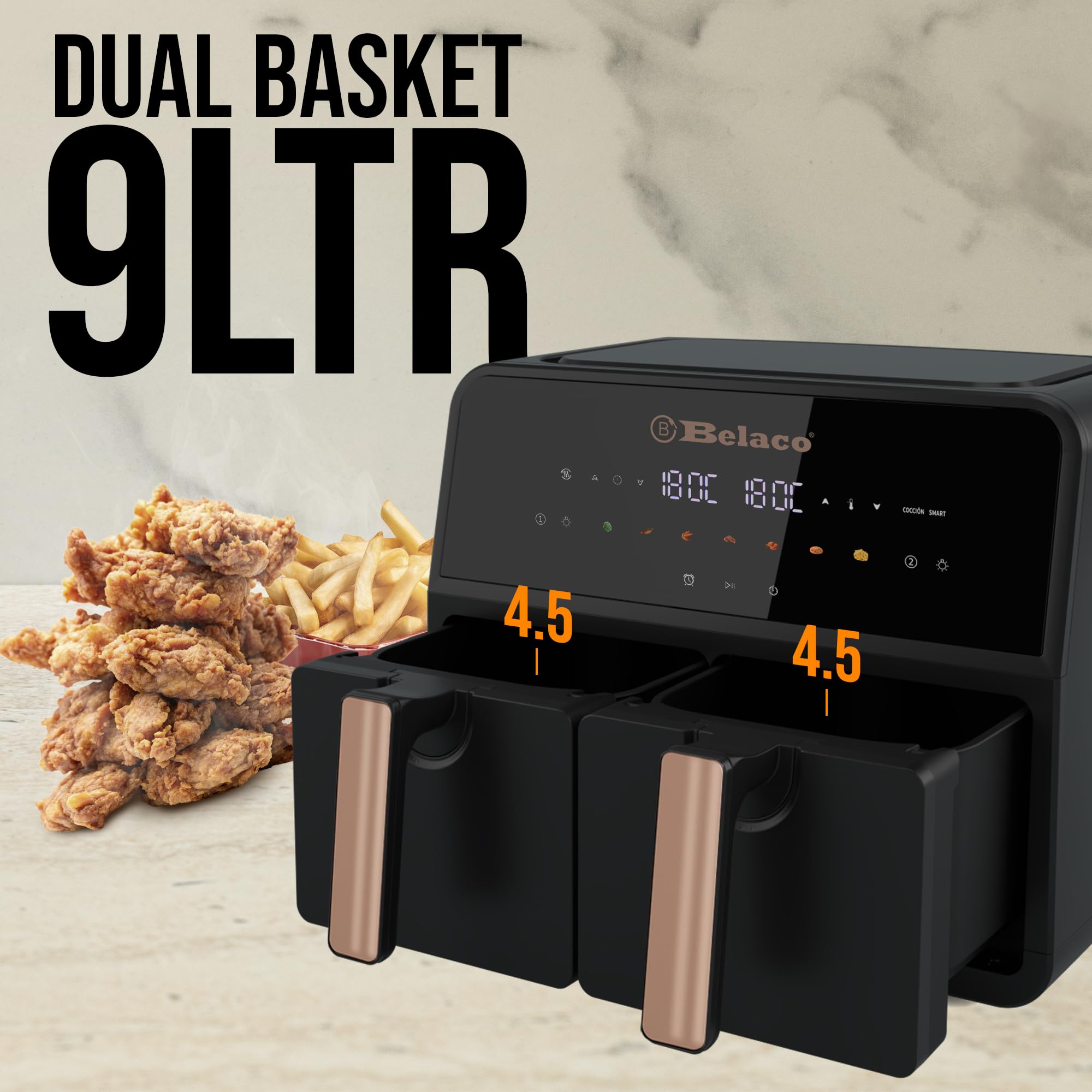 Belaco Air Fryer, 9L Dual Zone, Digital Display, Rapid Air Circulation, Air Fryers, 60 Min Timer, Adjustable Temperature, Dishwasher Safe Basket BEL-AF-03 Smart Finish
