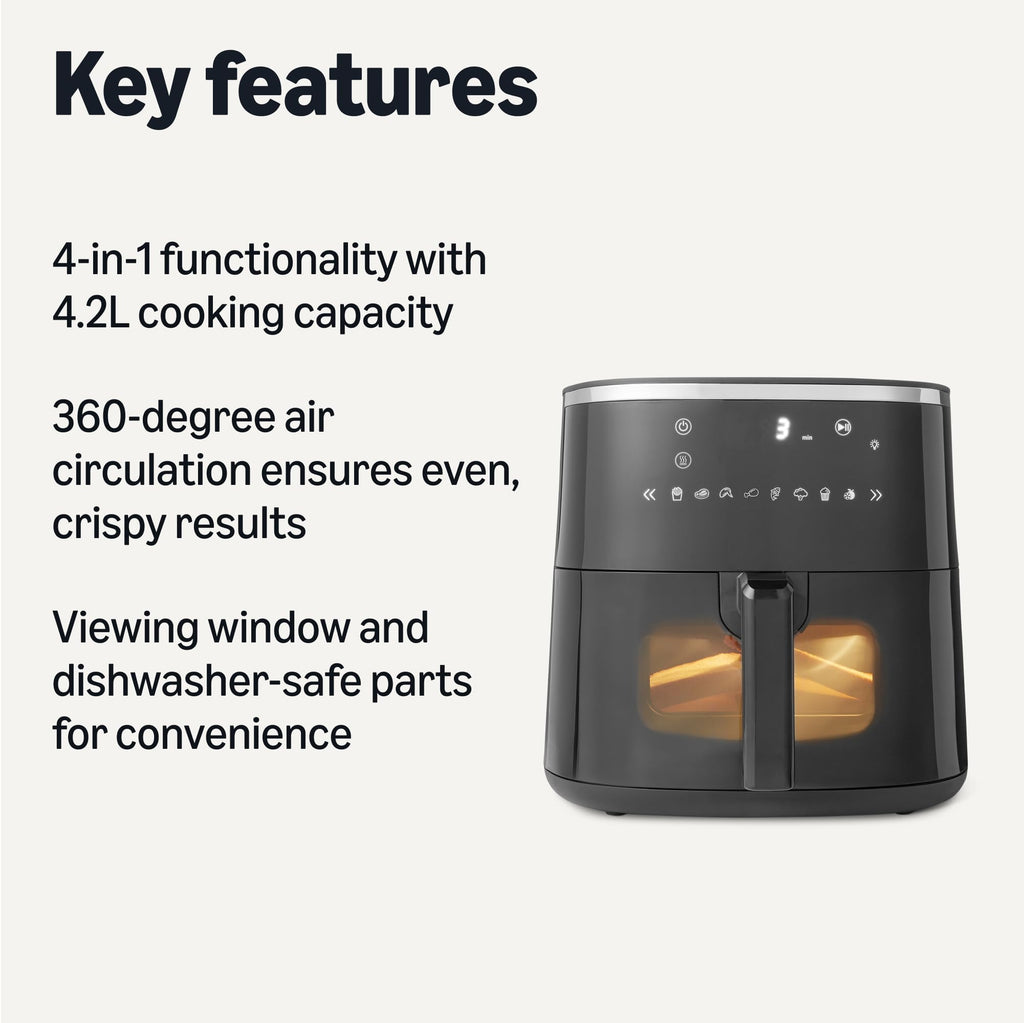 Amazon Basics 4.2L Air Fryer with Easy View Window, 8 Preset Menus, 1500W, Black