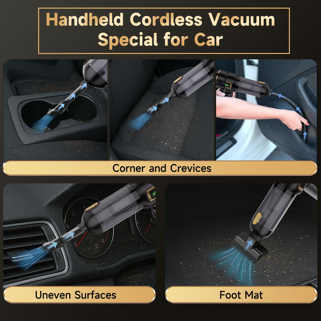 Lyiazsoy Car Vacuum Cleaner Cordless,27000PA High Power Mini Vacuum Cleaner,Rechargeable Handheld Vacuum Cordless,car hoovers for Pet Hair, Home, Office, Kitchen(Gold Black)