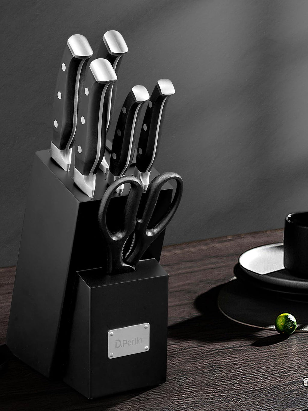 D.Perlla Knife Set, 7 Pieces Kitchen Knife Set with Self Sharpening Wooden Block, German Stainless Steel Knife Block Set with Triple Riveted Ergonomic Handle, Black