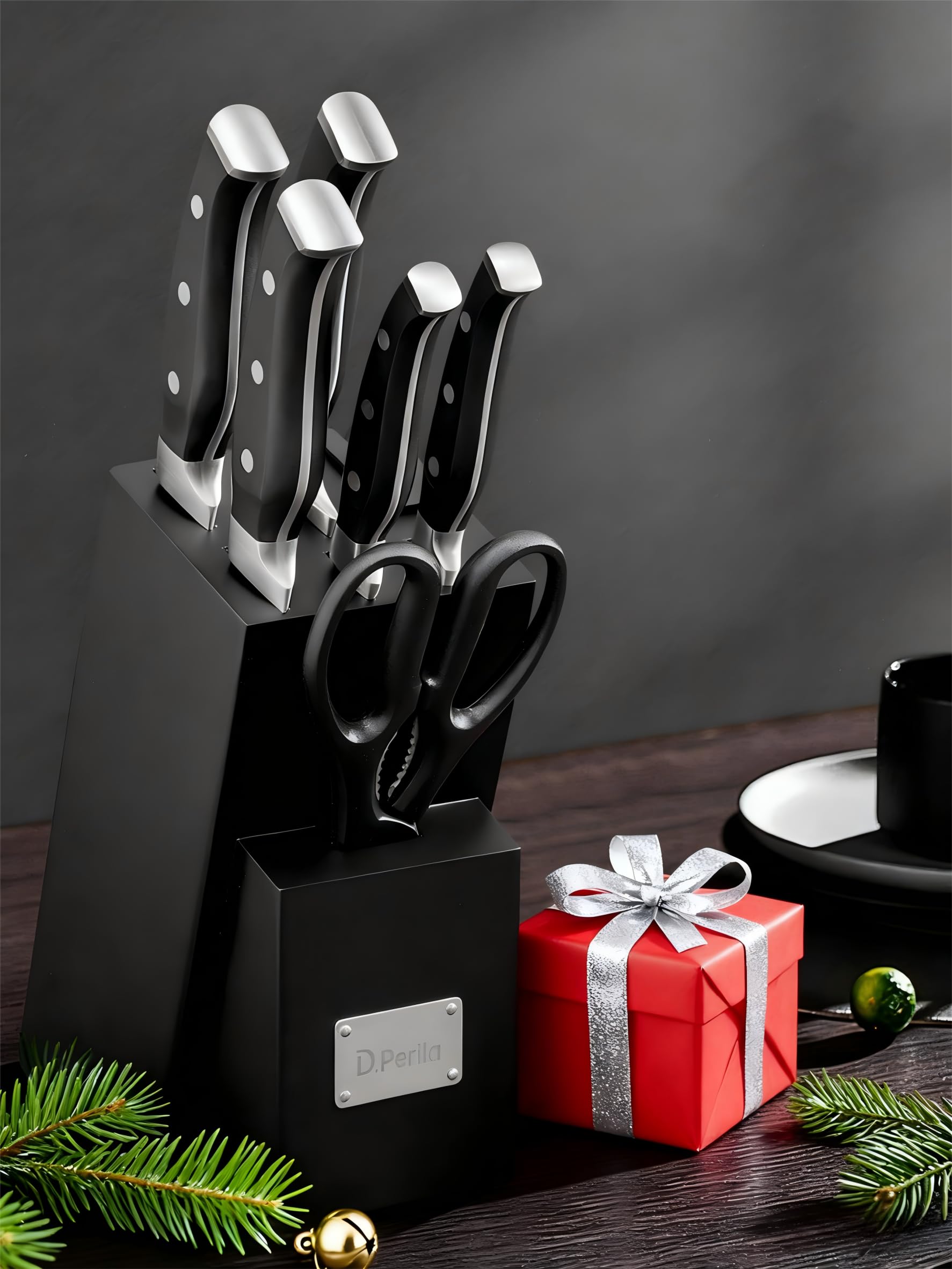 D.Perlla Knife Set, 7 Pieces Kitchen Knife Set with Self Sharpening Wooden Block, German Stainless Steel Knife Block Set with Triple Riveted Ergonomic Handle, Black