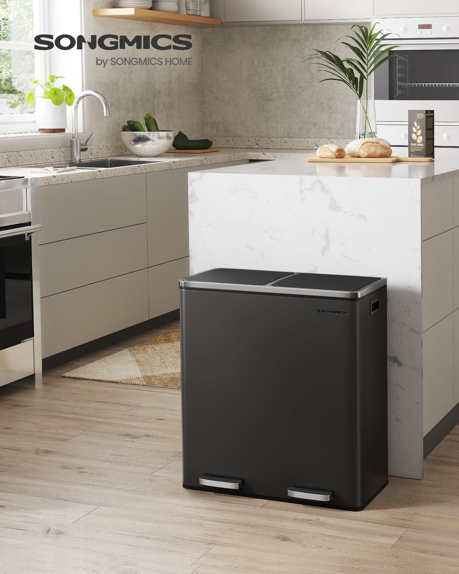 SONGMICS Dual Rubbish Bin, Metal Recycling Bin with 15 Rubbish Bags, 2-Compartment, with Lids, Pedals, Plastic Inner Buckets, Soft Closure, 2 x 8 Gallons (2 x 30 L), Black LTB60BK
