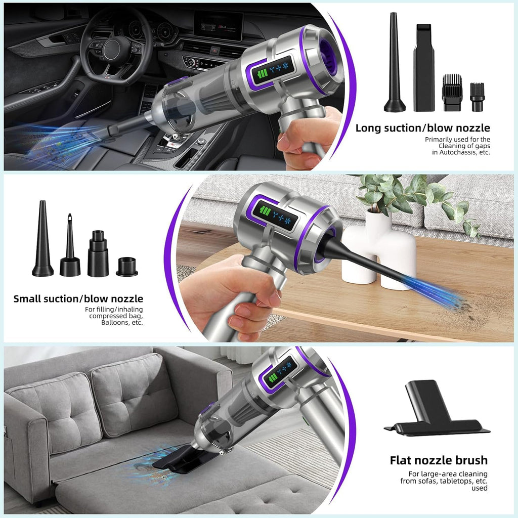 botatio Handheld Vacuum Cleaner, 25000Pa Car Vacuum Powerful Suction, 4-in-1 Hand Cordless Car Vacuum with Digital Display, 1-Touch Automatic Emptying, Brushless Motor & 3 Speeds, Silver