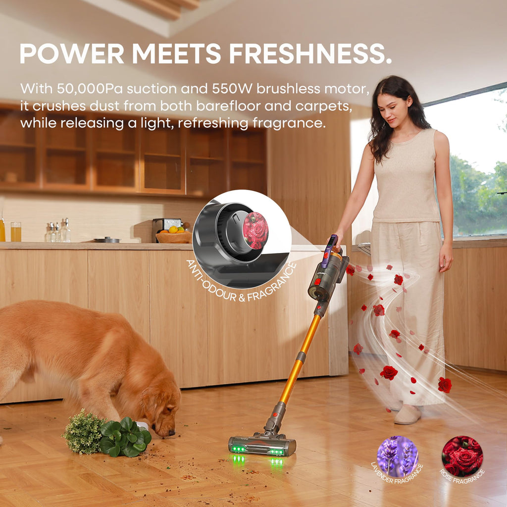 KIPMAX Cordless Vacuum Cleaner, 50KPa/70Mins/550W Stick Vacuum with Aromatherapy, Anti-Tangled handheld Vacuum Cleaner Self-Standing, Rechargeable Battery, LED Display for Pet Hair/Carpet/Floor