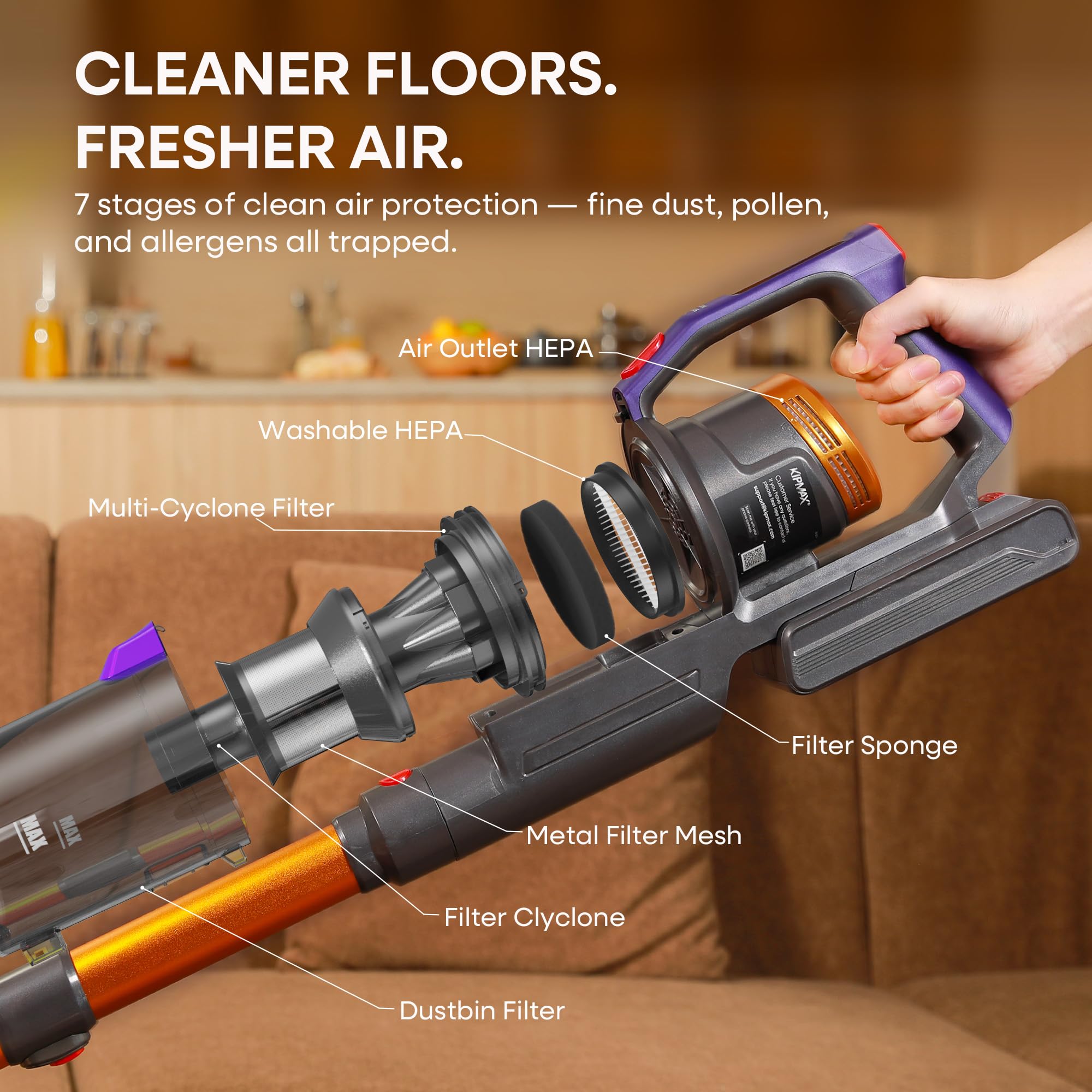 KIPMAX Cordless Vacuum Cleaner, 50KPa/70Mins/550W Stick Vacuum with Aromatherapy, Anti-Tangled handheld Vacuum Cleaner Self-Standing, Rechargeable Battery, LED Display for Pet Hair/Carpet/Floor