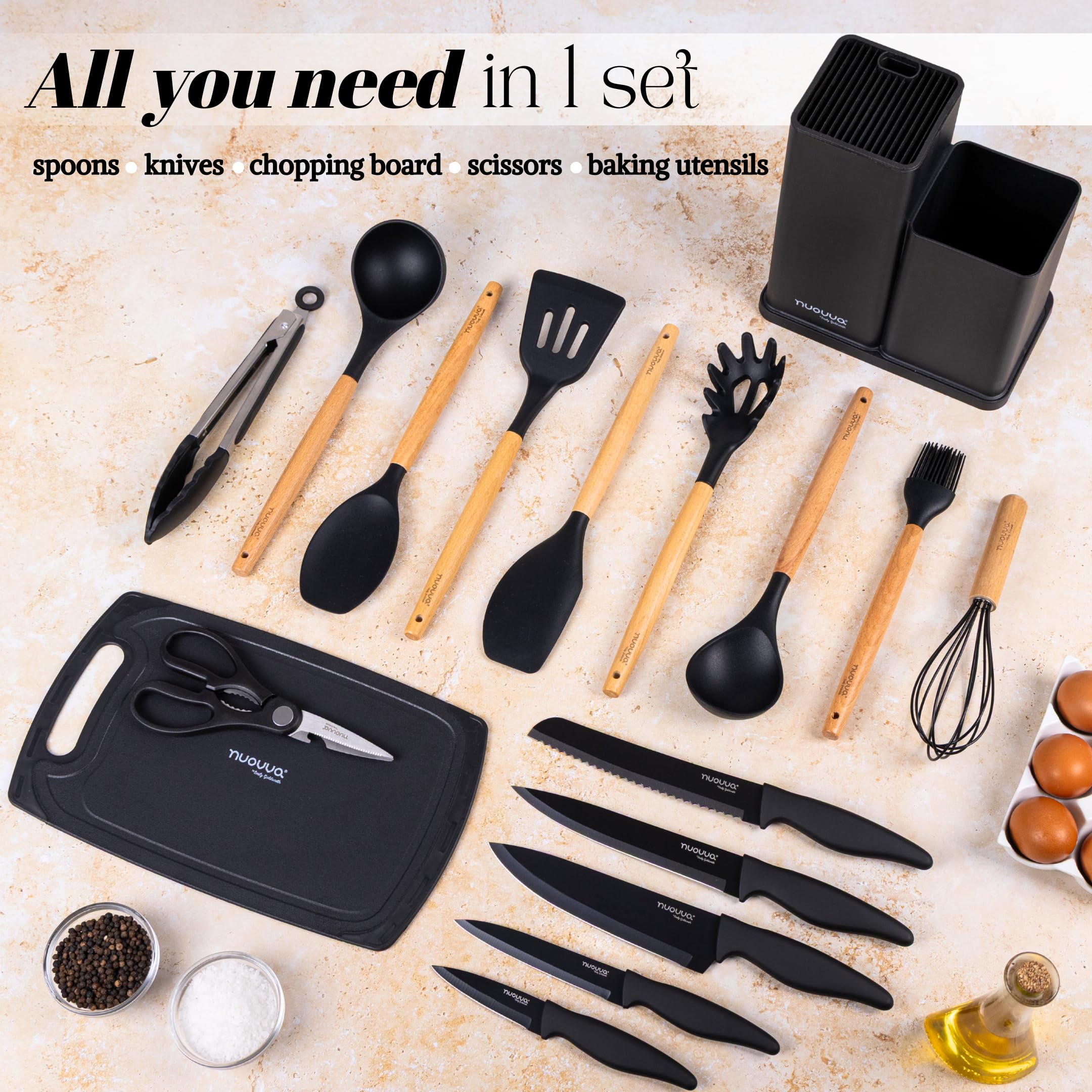 Cooking Utensils Set with Chopping Board – Knife Set with Block – Heat Resistant Silicone Utensils with Wooden Handle, Spoons, Ladles & Spatula – Kitchen Tools & Accessories – 17pcs, Black – by Nuovva