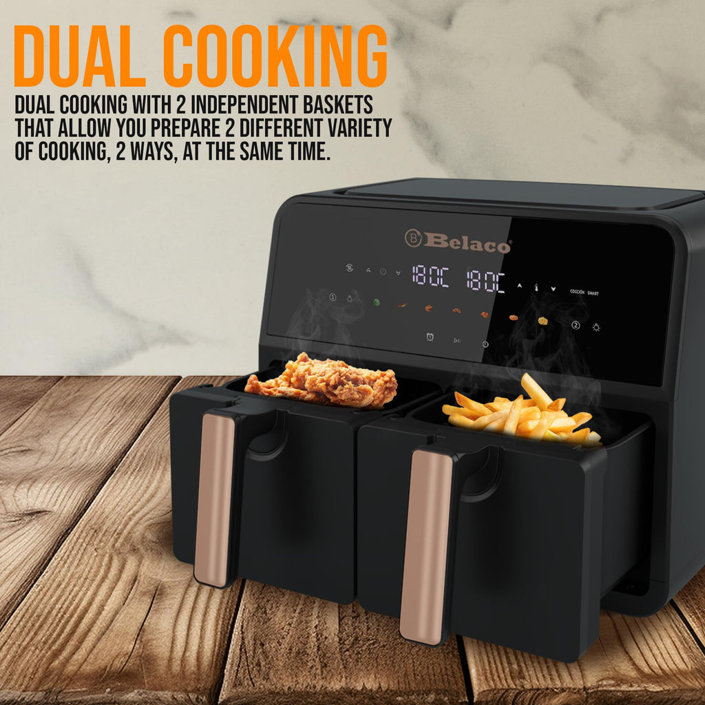 Belaco Air Fryer, 9L Dual Zone, Digital Display, Rapid Air Circulation, Air Fryers, 60 Min Timer, Adjustable Temperature, Dishwasher Safe Basket BEL-AF-03 Smart Finish