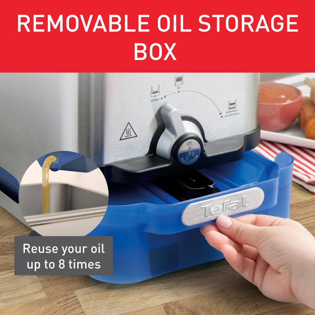 Tefal Oleoclean Pro, 3.5L Oil Capacity, Patented Filtration System, Easy to Clean, 1.2 kg of Food, 6 Portions, 2300W, Stainless Steel with Removable Blue Oil Box - FR804040