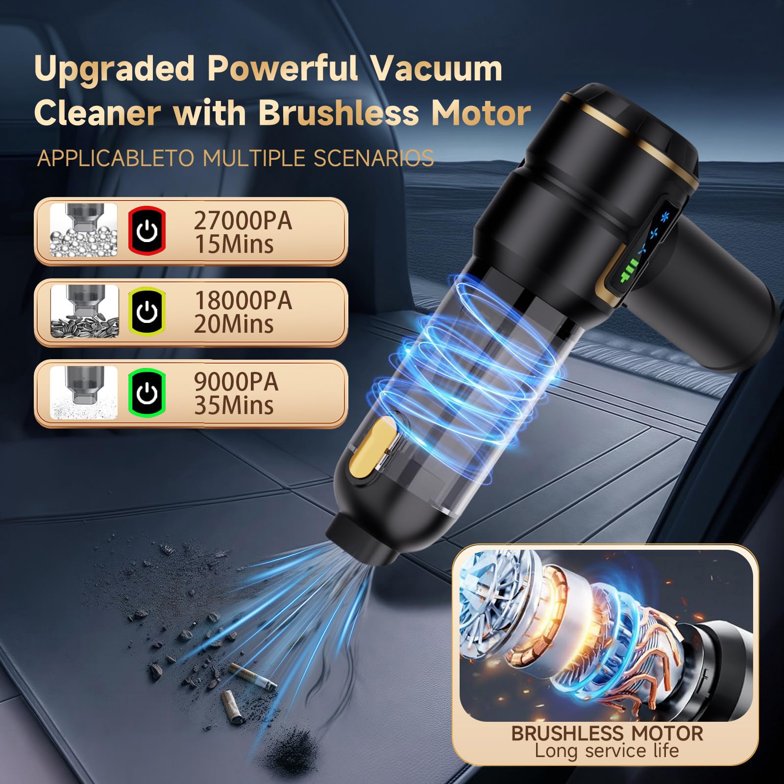 Lyiazsoy Car Vacuum Cleaner Cordless,27000PA High Power Mini Vacuum Cleaner,Rechargeable Handheld Vacuum Cordless,car hoovers for Pet Hair, Home, Office, Kitchen(Gold Black)