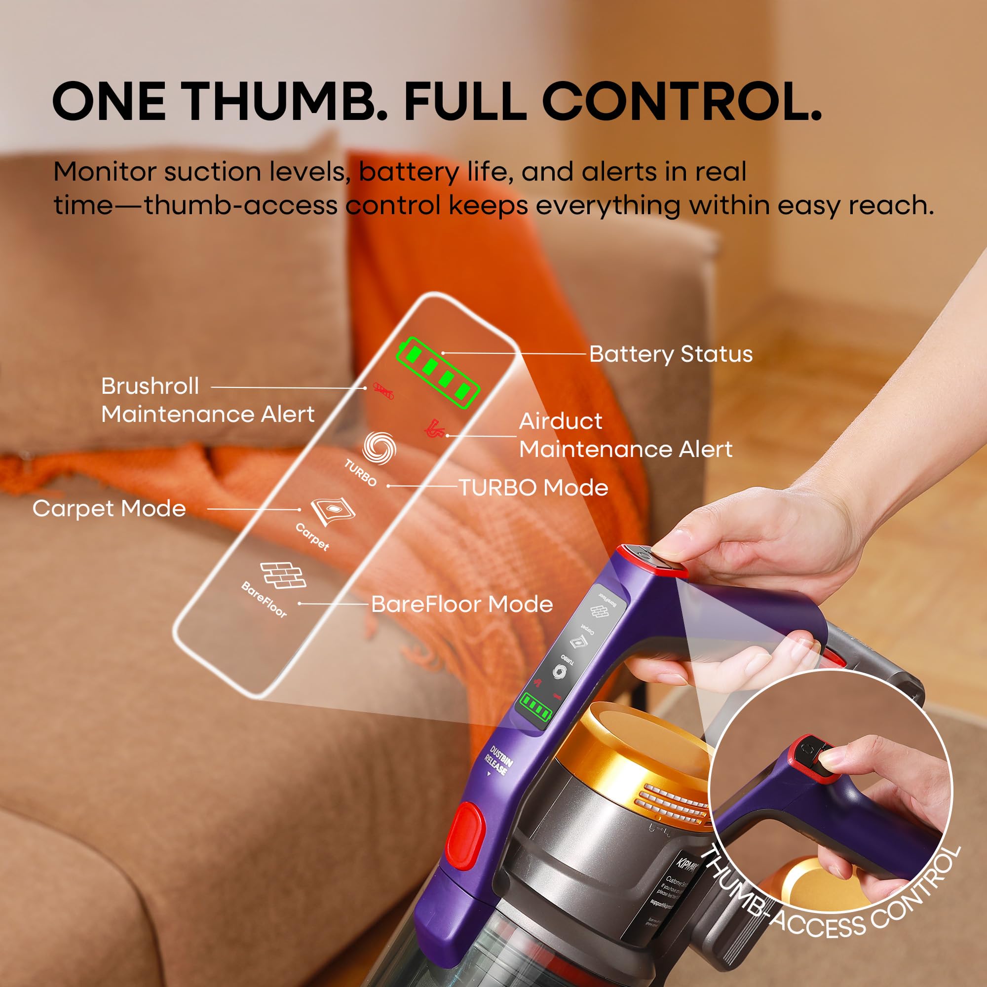 KIPMAX Cordless Vacuum Cleaner, 50KPa/70Mins/550W Stick Vacuum with Aromatherapy, Anti-Tangled handheld Vacuum Cleaner Self-Standing, Rechargeable Battery, LED Display for Pet Hair/Carpet/Floor