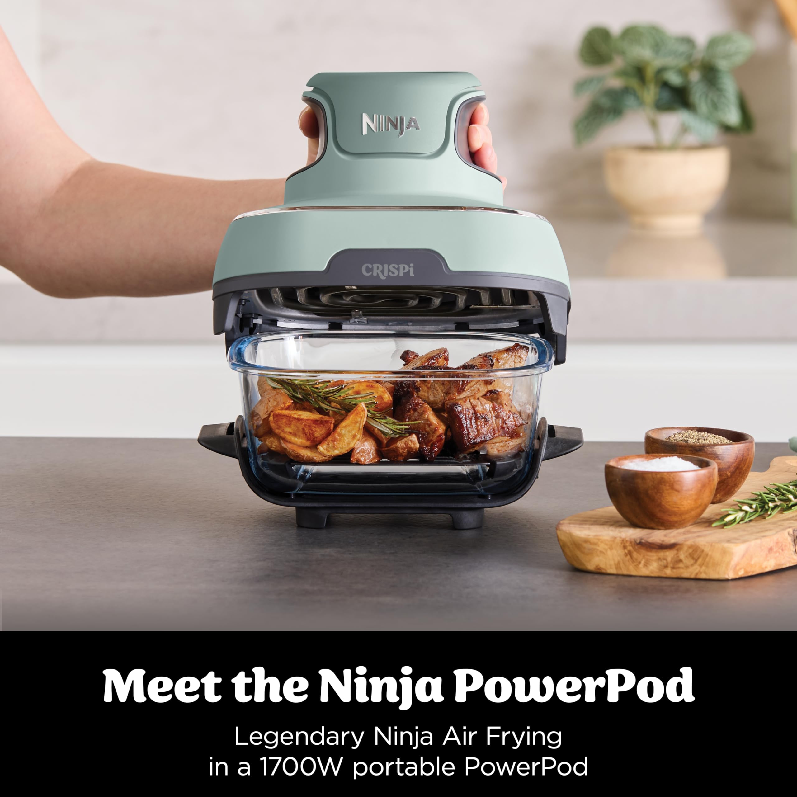 Ninja CRISPi Portable Air Fryer, 3.8L, 4-in-1: Air Fry, Roast, Keep Warm, Recrisp, Space Saving Compact Design, 2x Removable Glass Containers & Lids, 1700W, Sage FN101UKSG