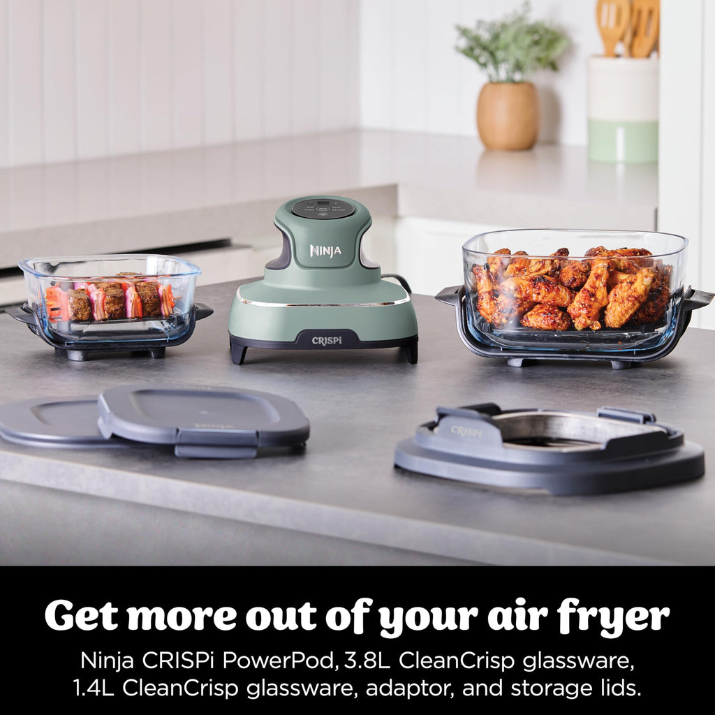 Ninja CRISPi Portable Air Fryer, 3.8L, 4-in-1: Air Fry, Roast, Keep Warm, Recrisp, Space Saving Compact Design, 2x Removable Glass Containers & Lids, 1700W, Sage FN101UKSG