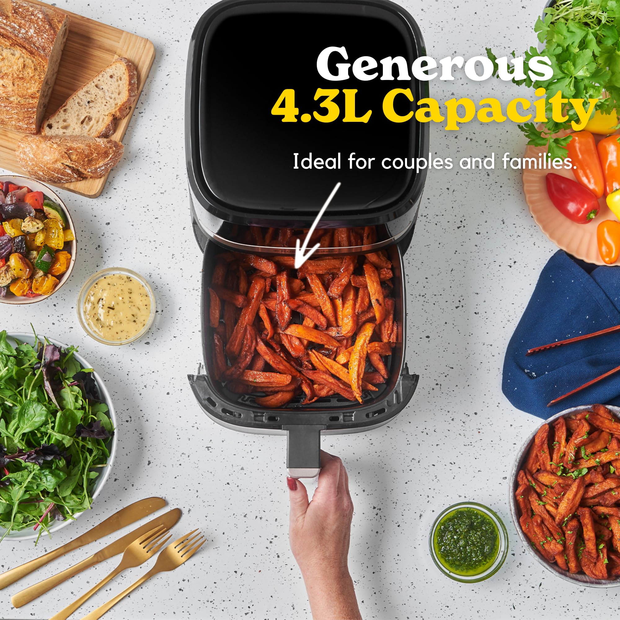Russell Hobbs Air Fryer, Digital, 4.3L Capacity, 9 in 1, Air Fry, Bake, Roast, Grill, Keep Warm, 40-200℃ Temp Range, Oil Free Cooking, Dishwasher Safe Attachments, 1300W