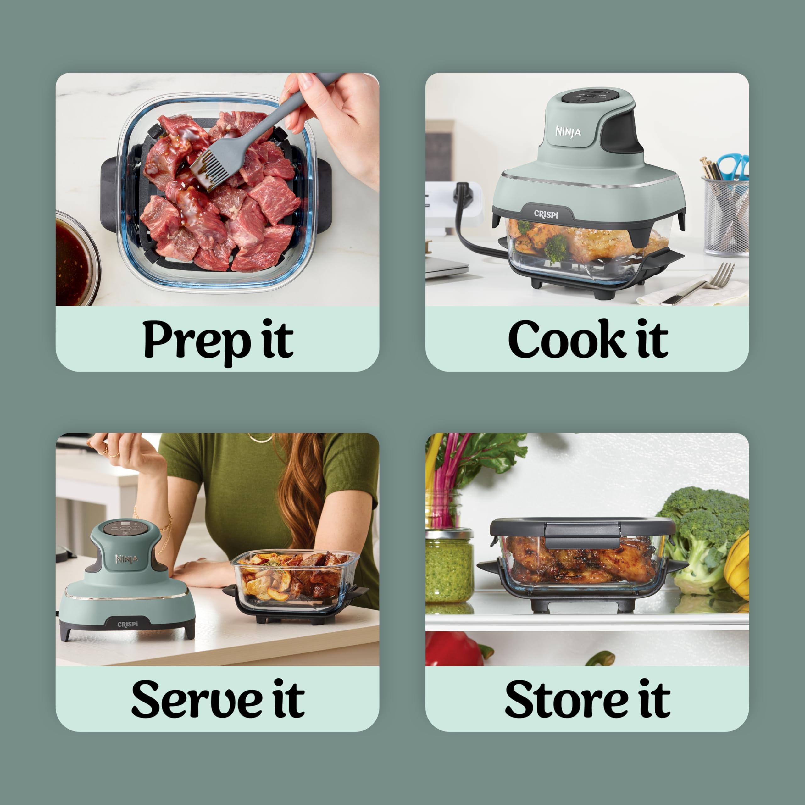 Ninja CRISPi Portable Air Fryer, 3.8L, 4-in-1: Air Fry, Roast, Keep Warm, Recrisp, Space Saving Compact Design, 2x Removable Glass Containers & Lids, 1700W, Sage FN101UKSG